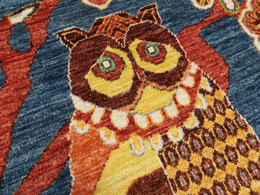 6x9 Ft Blue Owl Rug - Hand Knotted Wool Gabbeh Rug