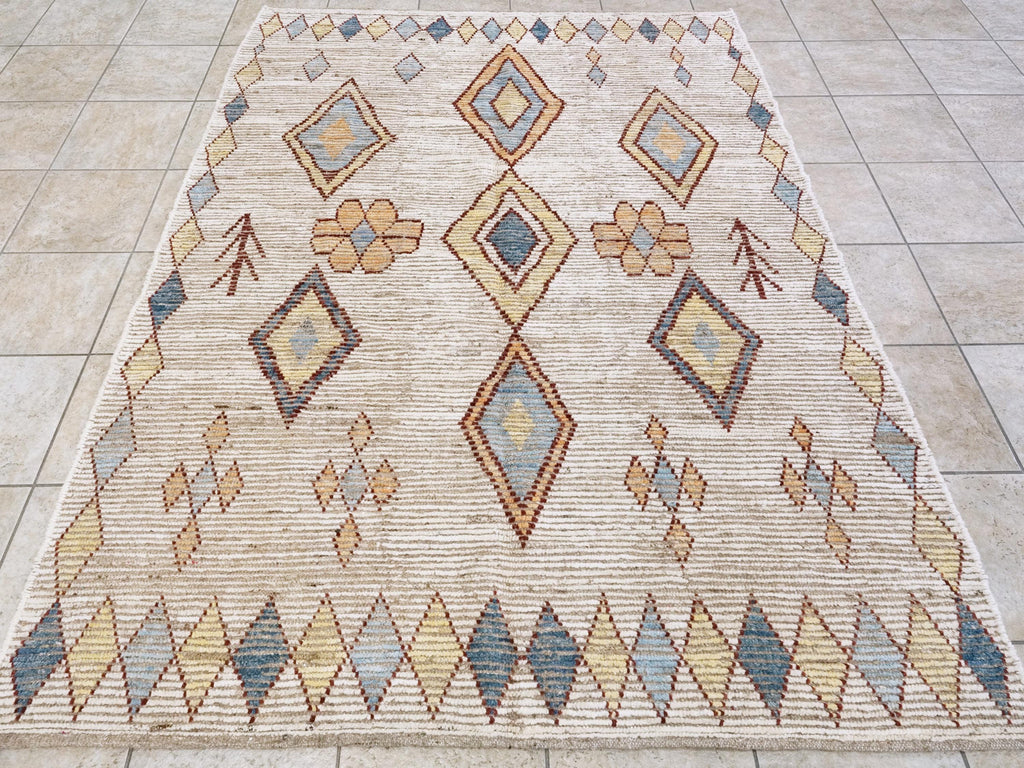 Handmade Beige Moroccan Rug: 6x9 Afghan Wool Floral Area Rug