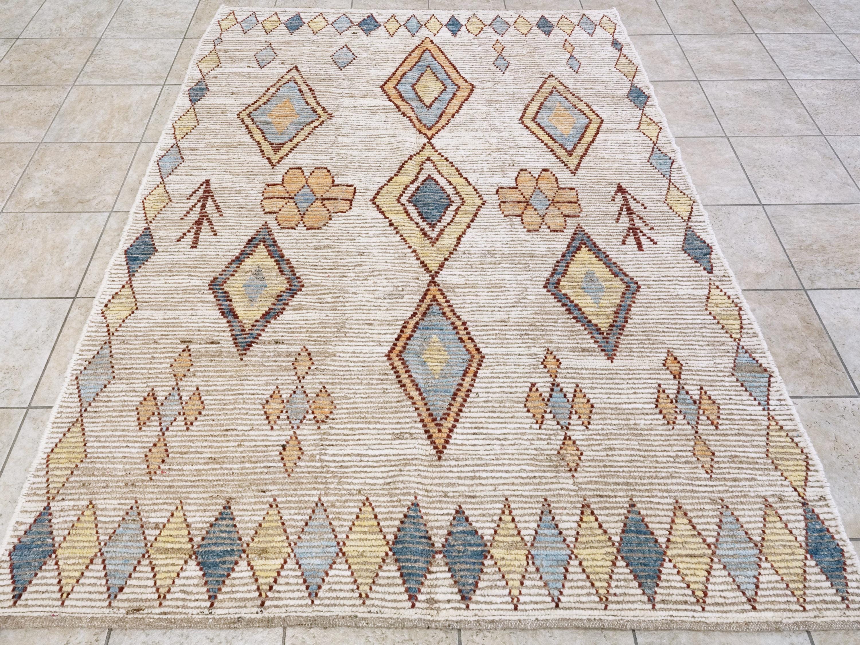 Handmade Beige Moroccan Rug: 6x9 Afghan Wool Floral Area Rug