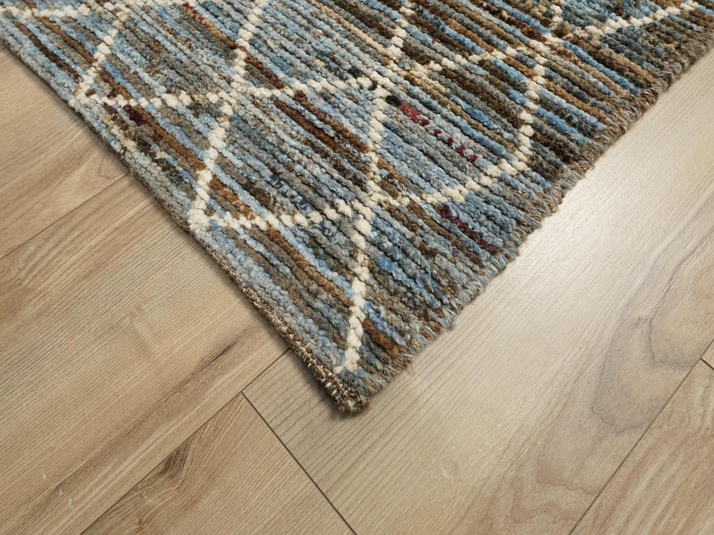 19 Ft Blue Moroccan Runner Rug - Hand Knotted Afghan Hallway Rug