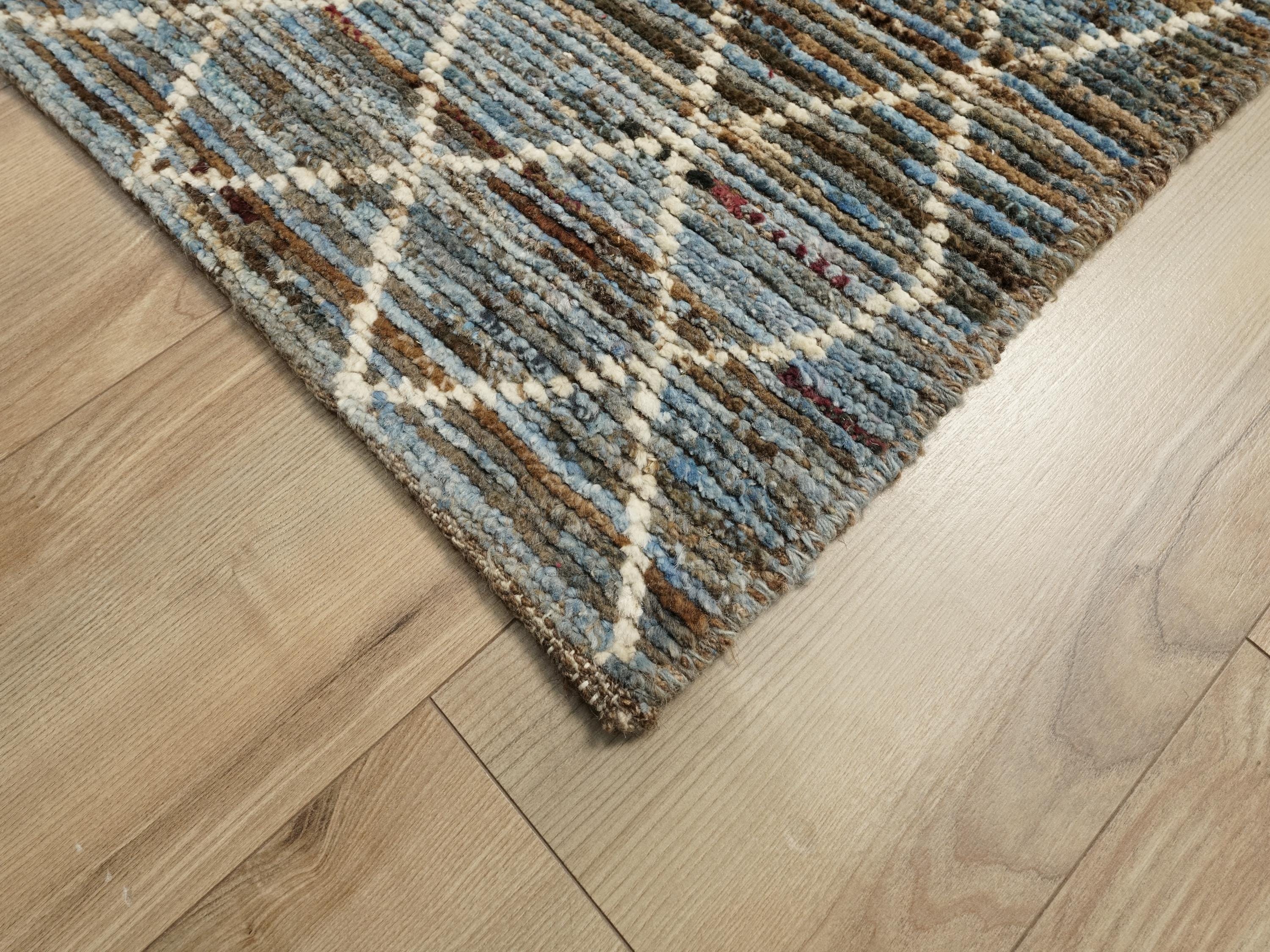 19 Ft Blue Moroccan Runner Rug - Hand Knotted Afghan Hallway Rug