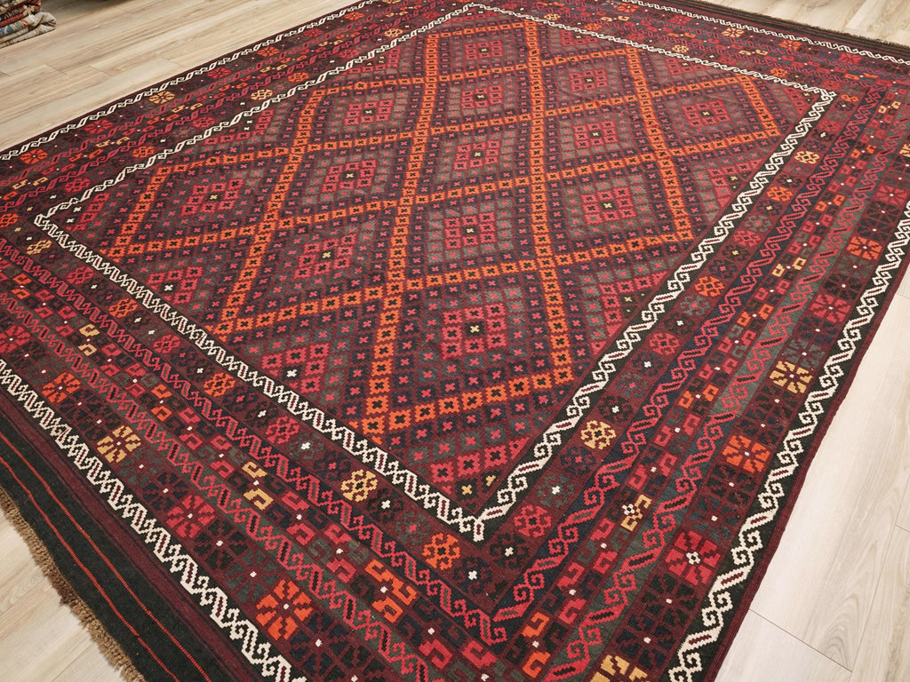 10x14 Ft Burgundy Maimana Kilim - Vintage Tribal Flatweave