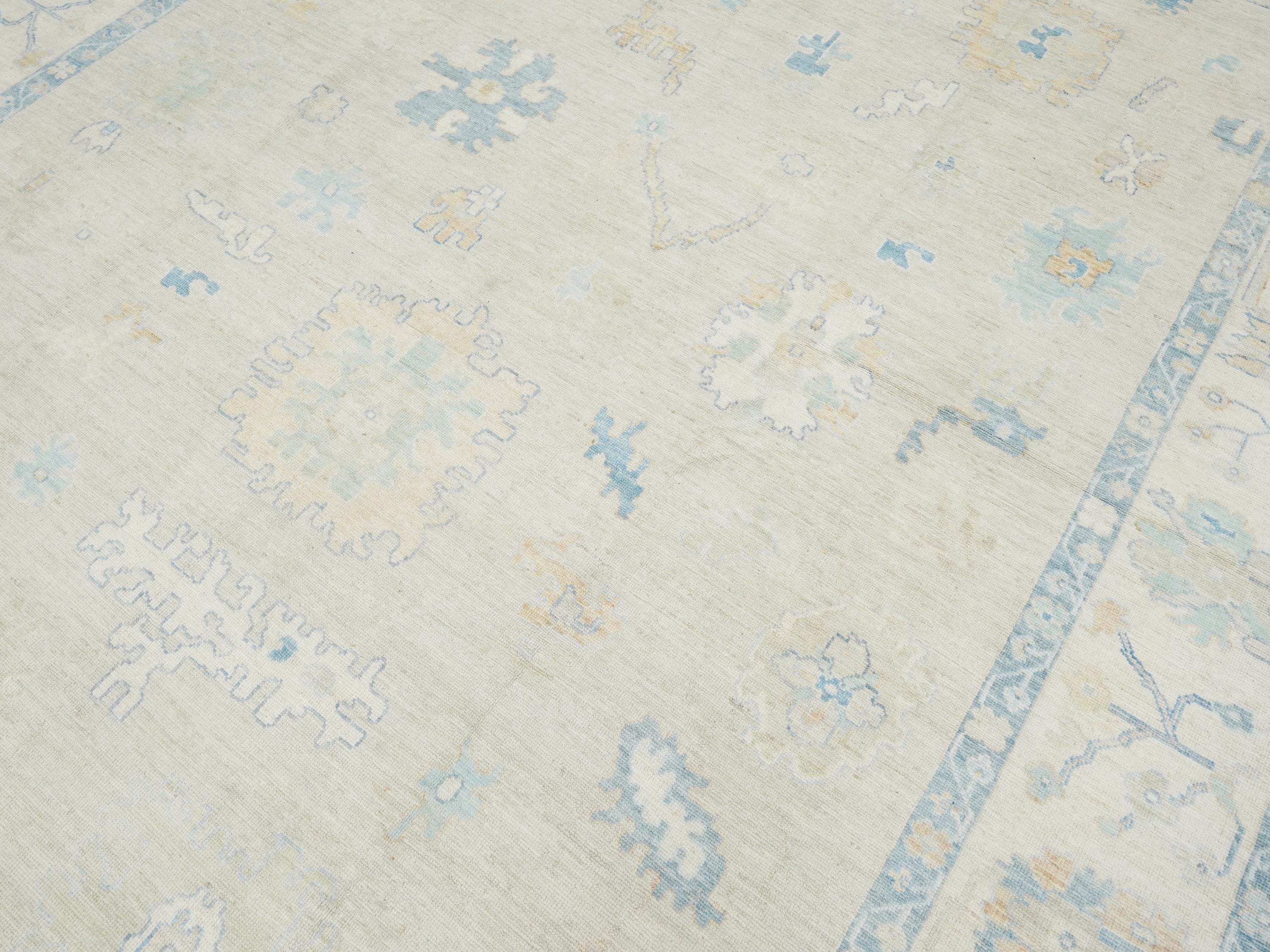 10x14 Ft Blue Oushak Rug - Hand Knotted Afghan Rug - Turkish Floral Design