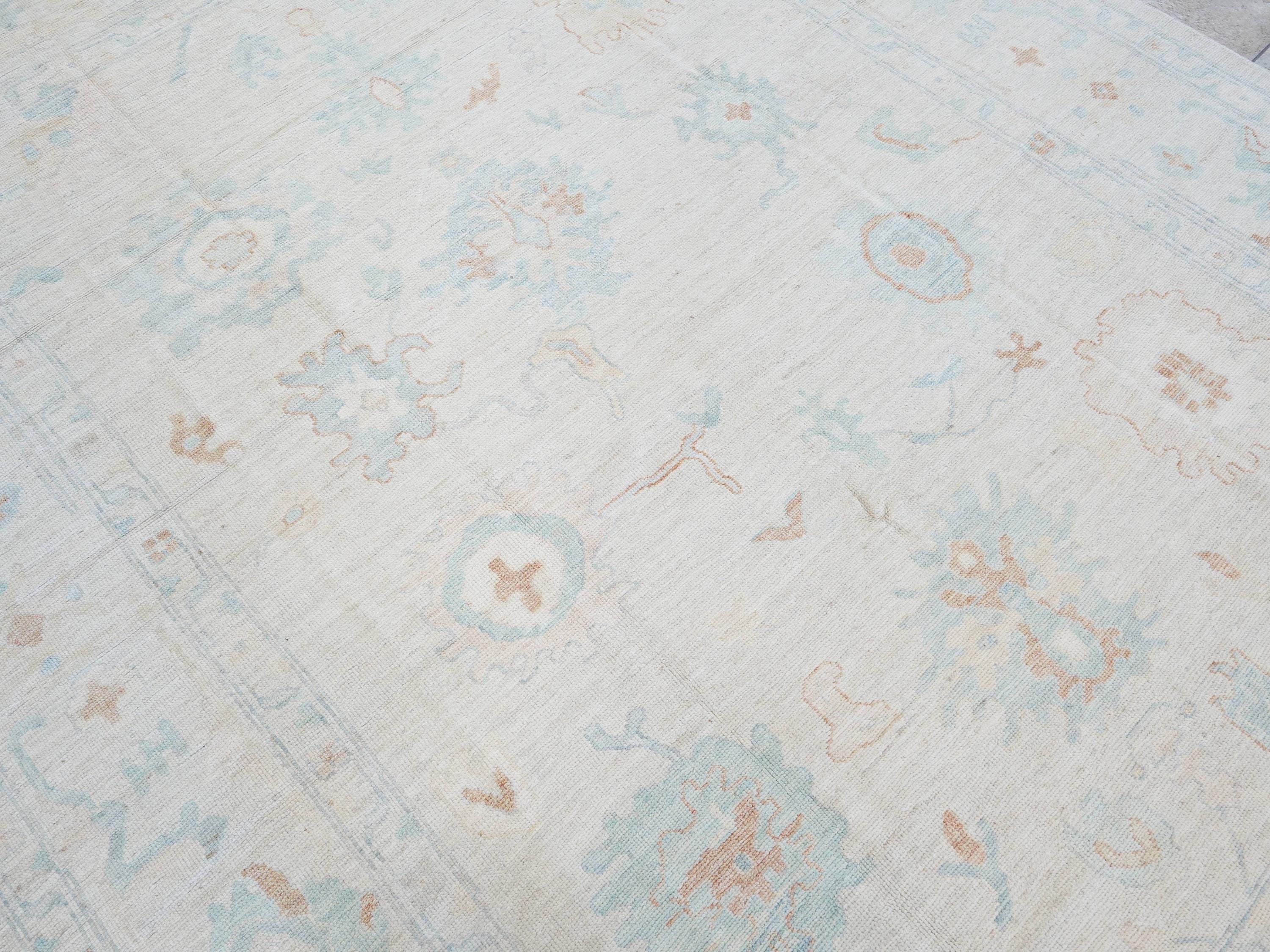 9x12 Ft Pastel Oushak Rug - Blue Handmade Area Rug - Floral Design