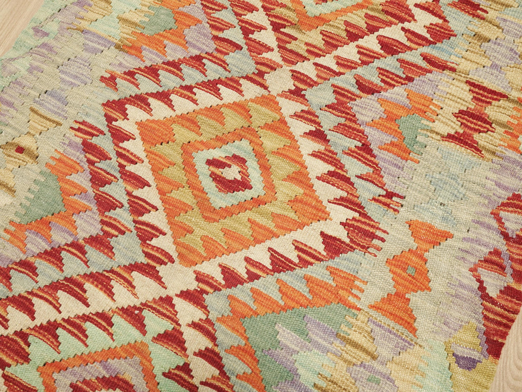 6 Ft Kilim Runner Rug - Green & Red Flatweave