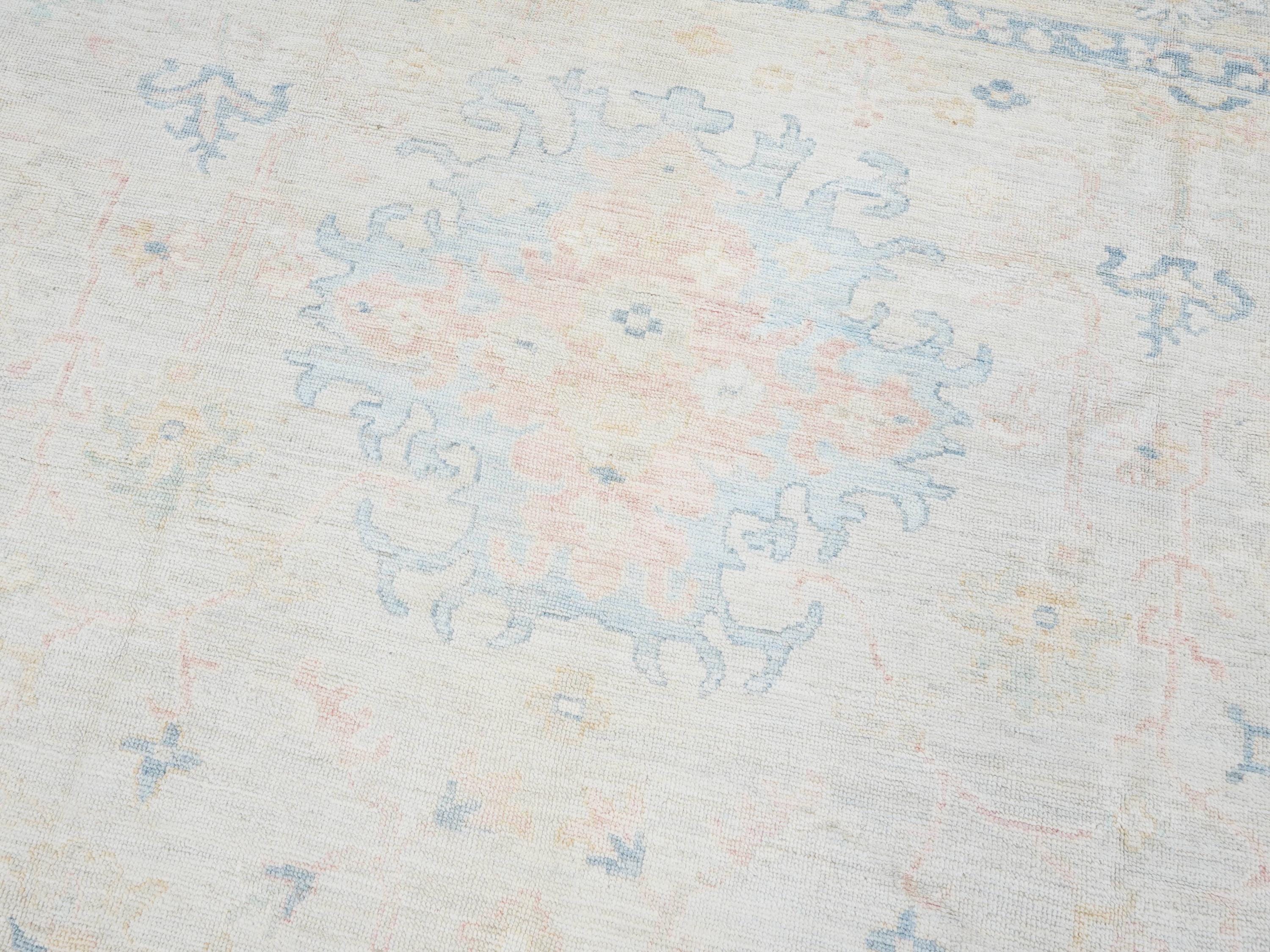 9x12 Ft White Pastel Oushak Rug - Handmade Area Rug - Floral Design