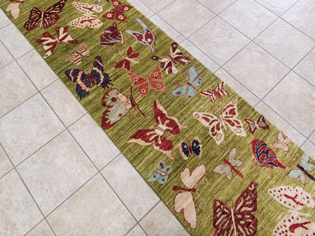12 Ft Green Butterfly Runner Rug - Afghan Wool Hallway Rug