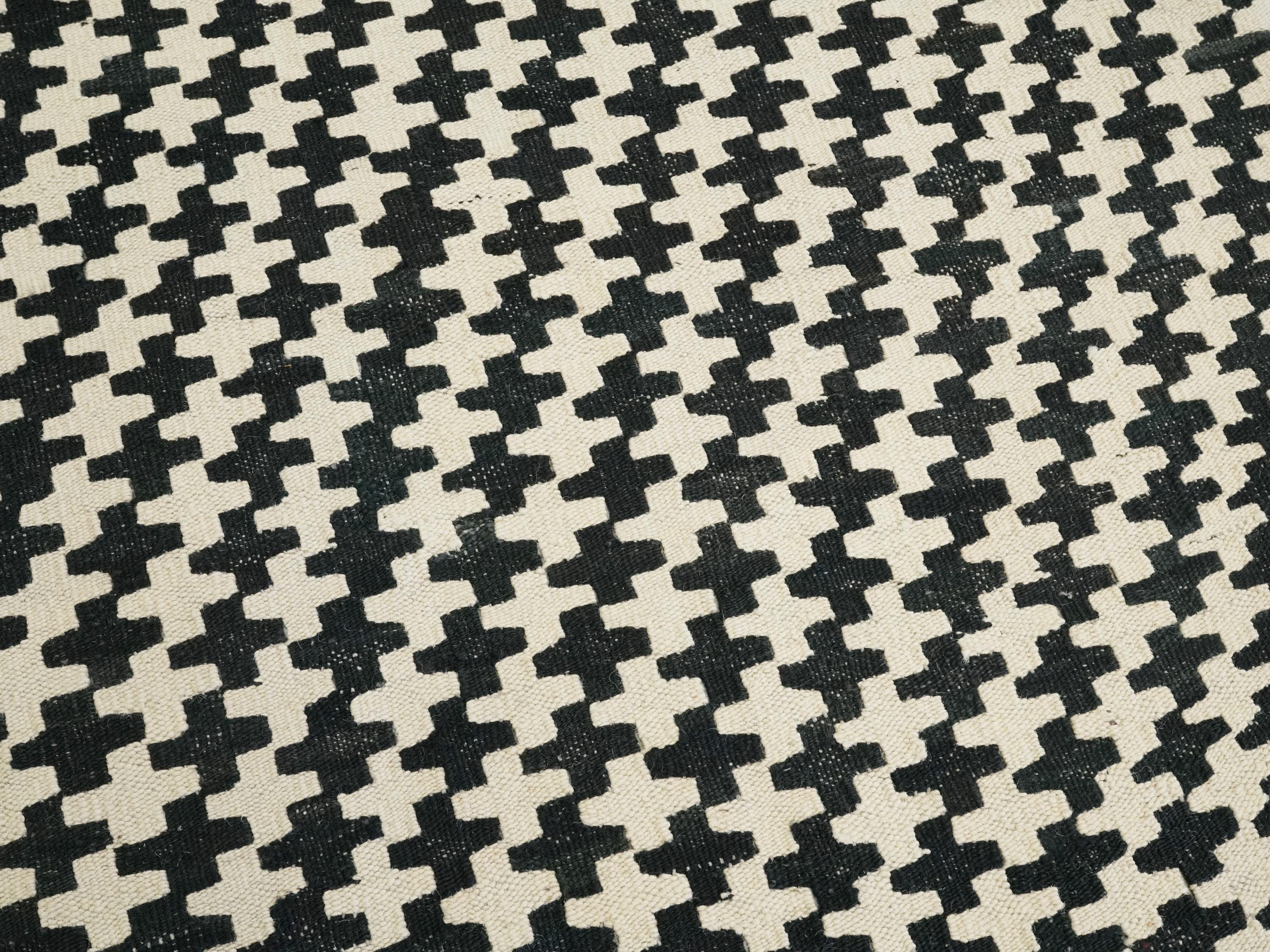 10x13 Ft Black & Beige Kilim Rug - Handmade Afghan Flatweave
