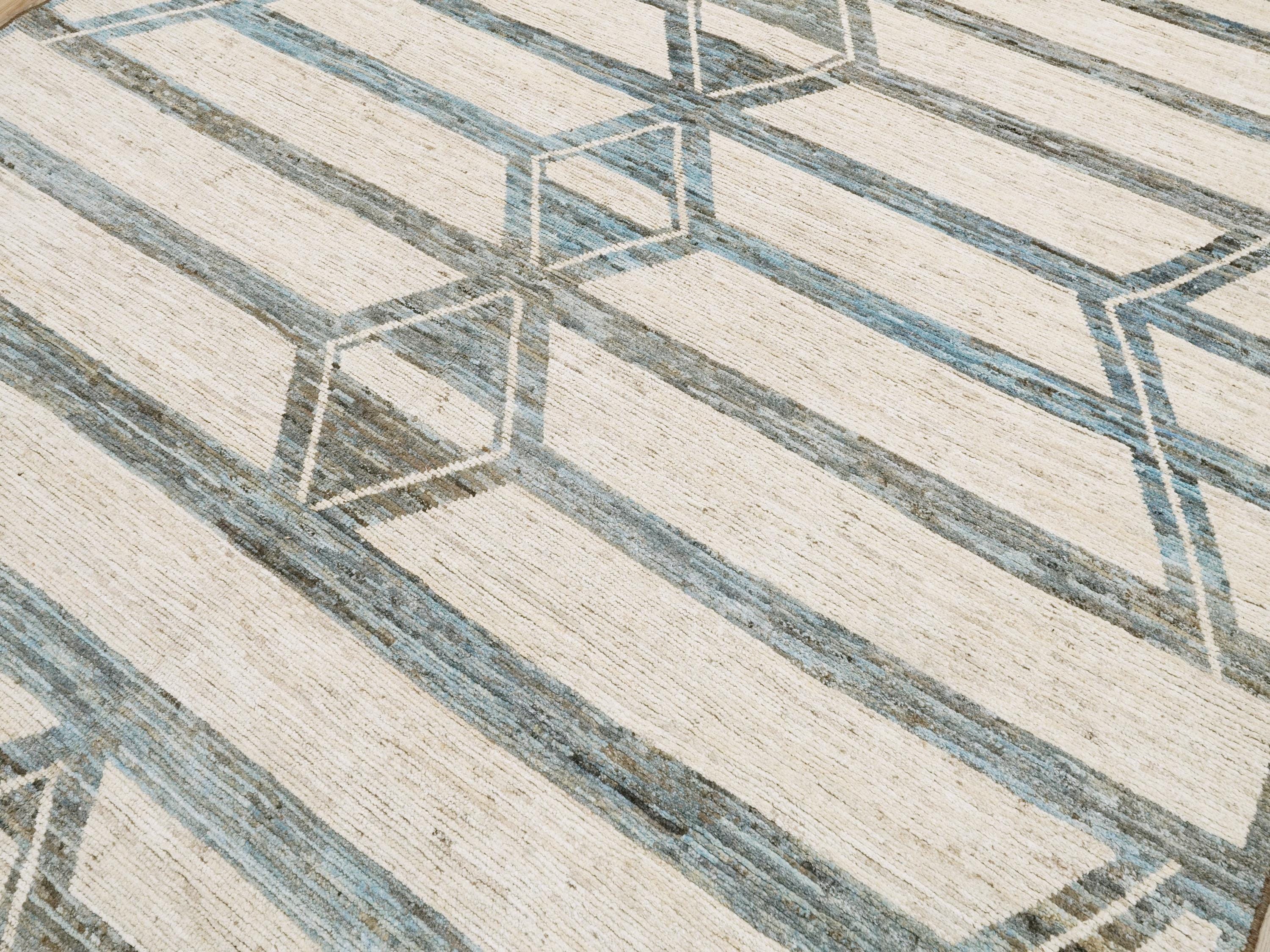 8x10 Ft Beige & Blue Moroccan Rug - Handmade Wool Area Rug