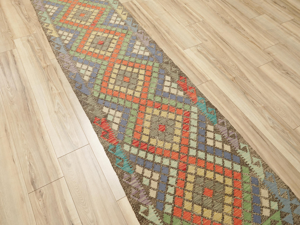 9 Ft Orange Kilim Runner Rug - Traditional Flat Weave