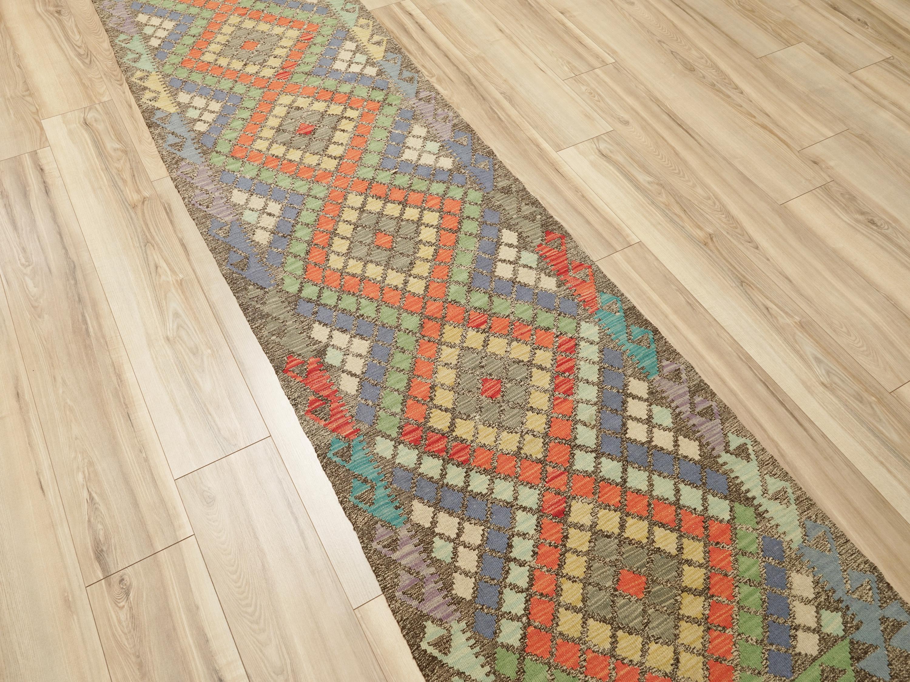 9 Ft Orange Kilim Runner Rug - Traditional Flat Weave