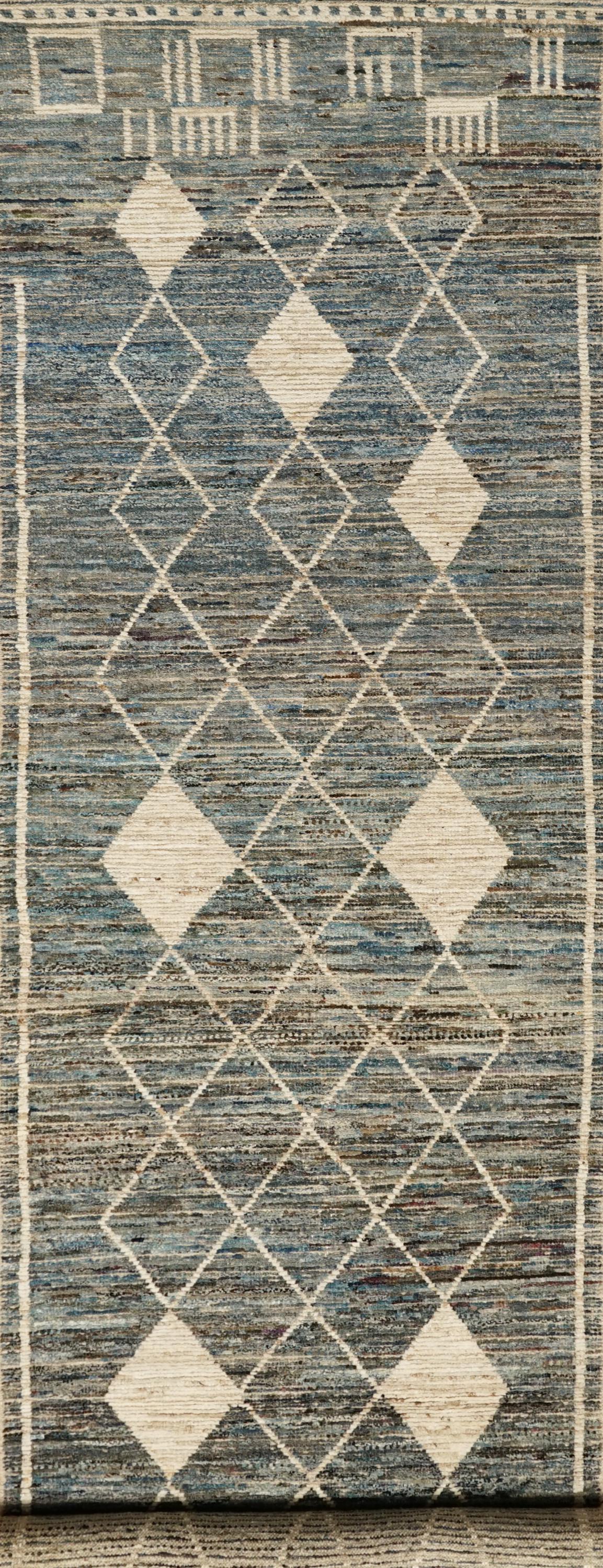 16 Ft Blue Moroccan Runner Rug - Afghan Handmade Wool Rug