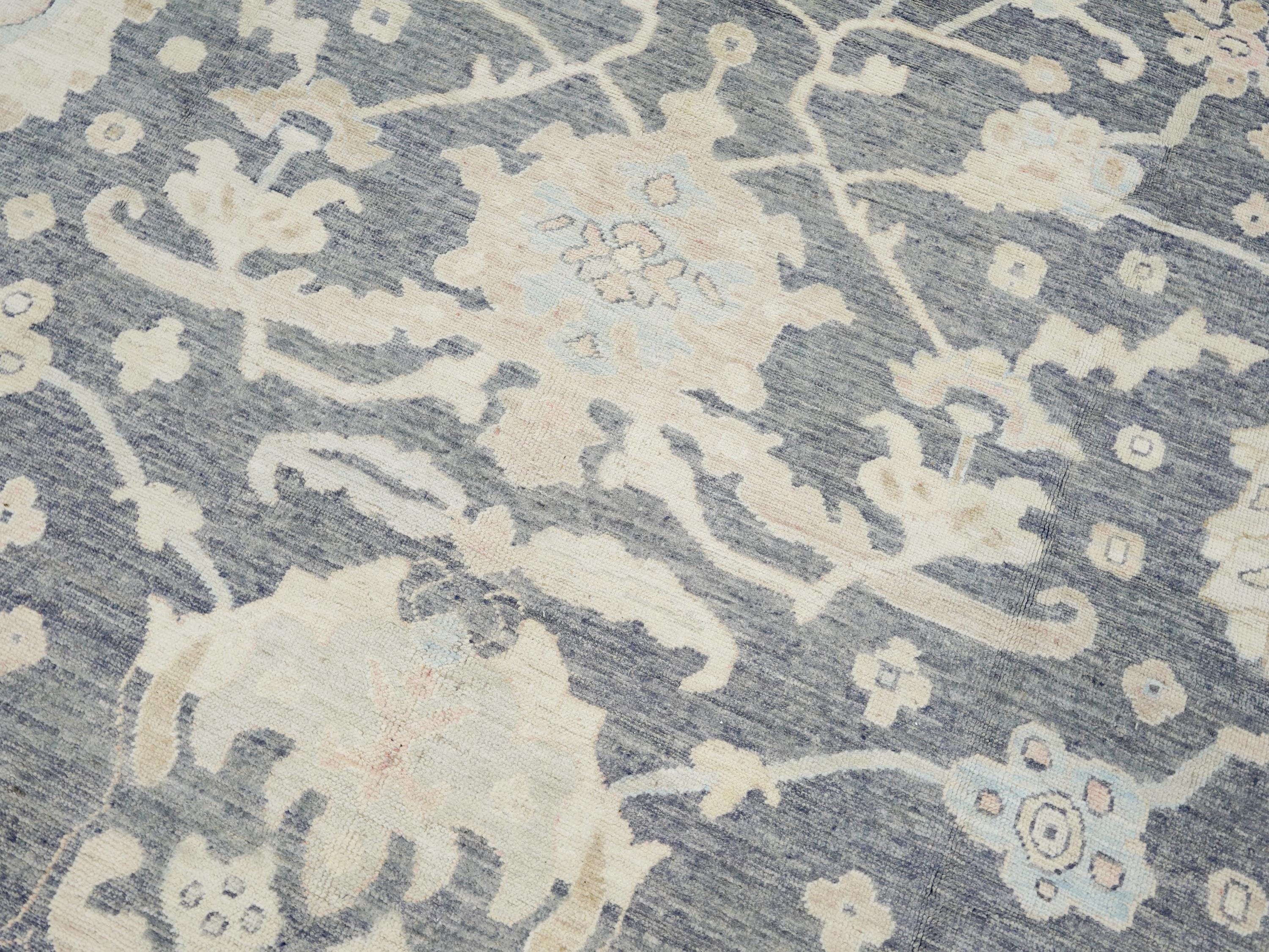 10x14 Ft Light Black Oushak Rug - Hand Knotted Afghan Rug - Turkish Floral Design