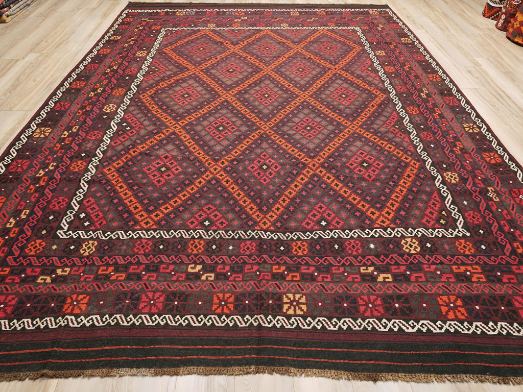10x14 Ft Burgundy Maimana Kilim - Vintage Tribal Flatweave