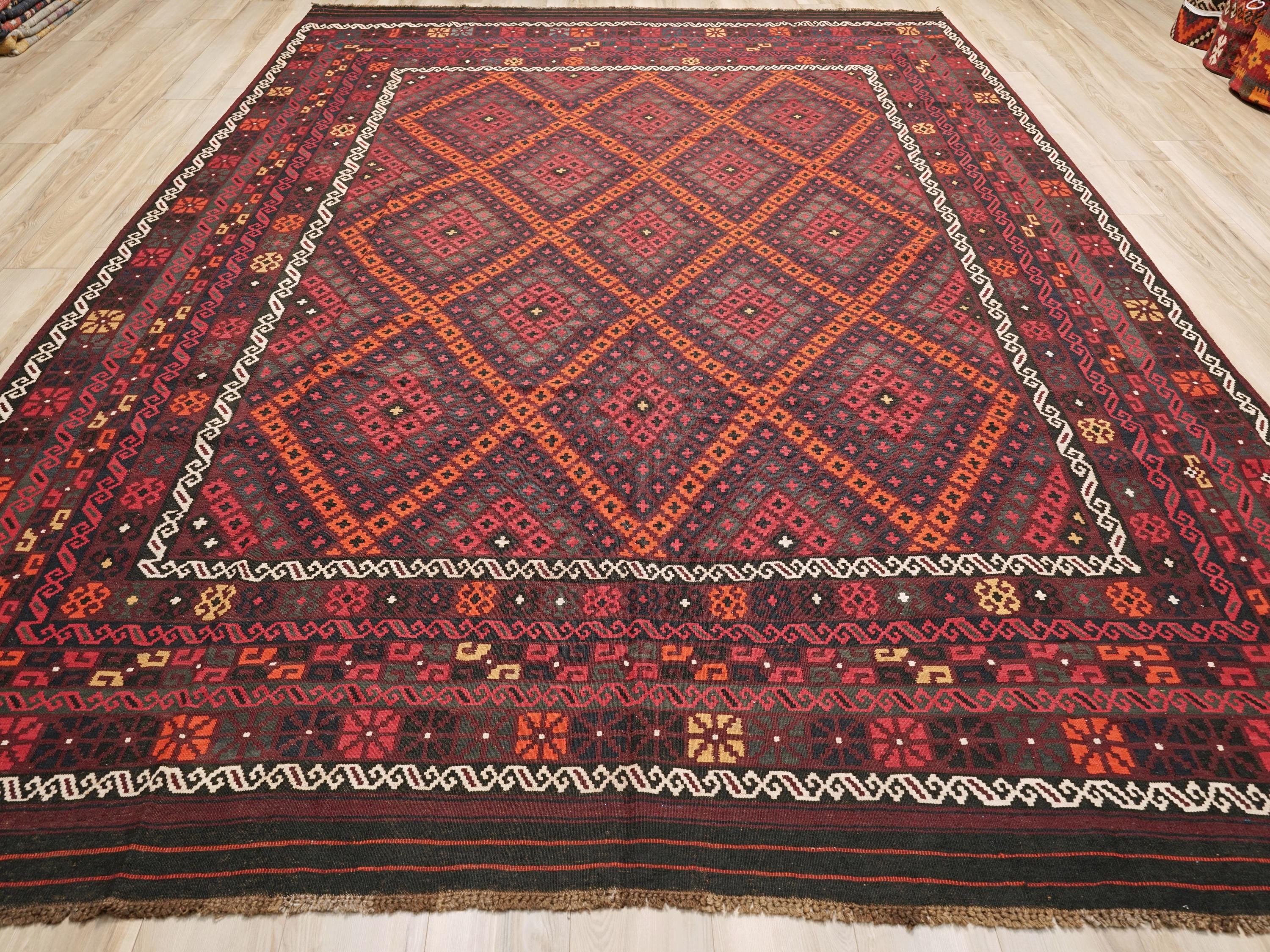 10x14 Ft Burgundy Maimana Kilim - Vintage Tribal Flatweave