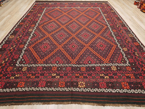 10x14 Ft Burgundy Maimana Kilim - Vintage Tribal Flatweave