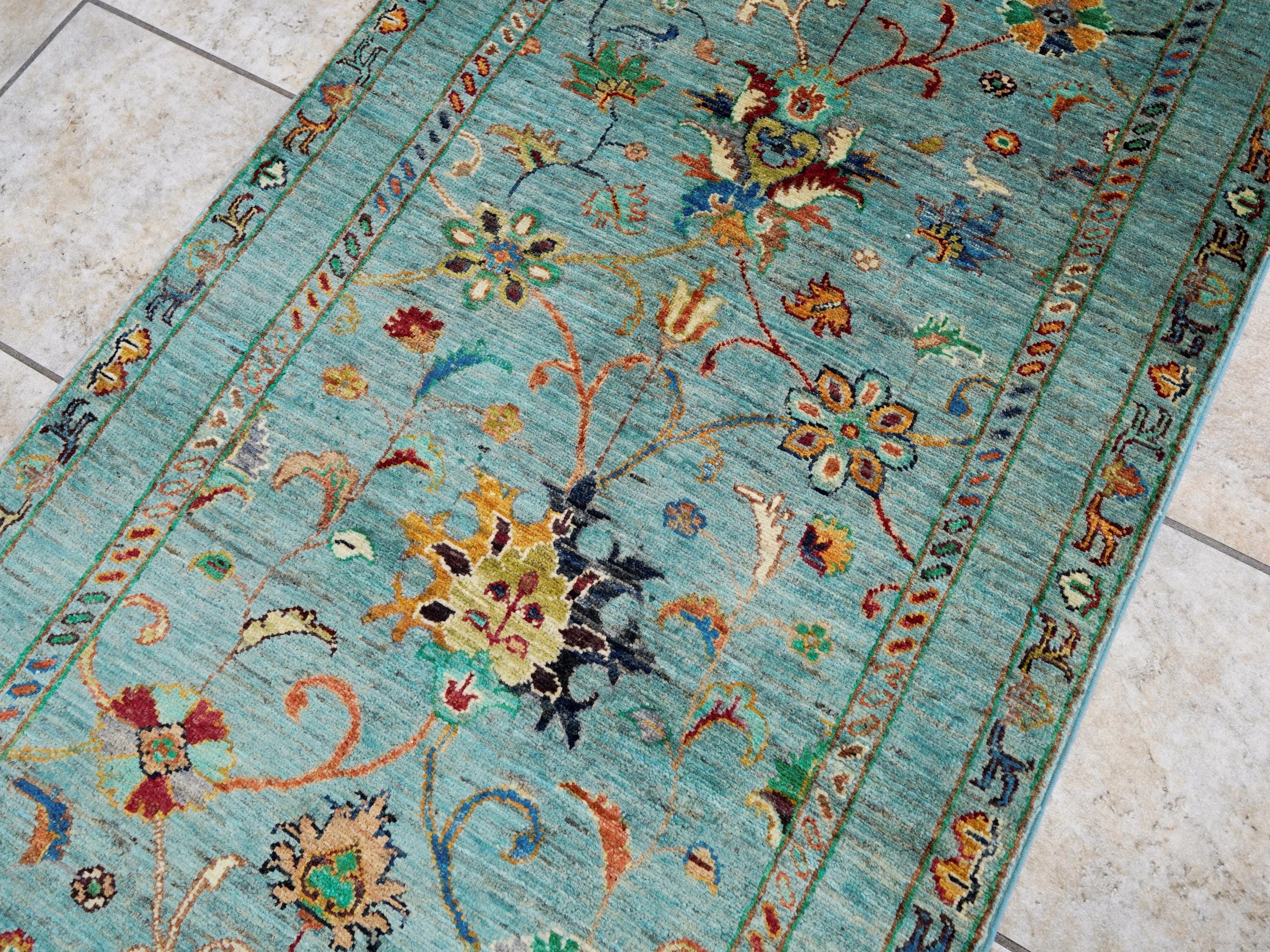 9 Ft Cyan Serapi Runner Rug - Hand Knotted Hallway Rug - Persian Design