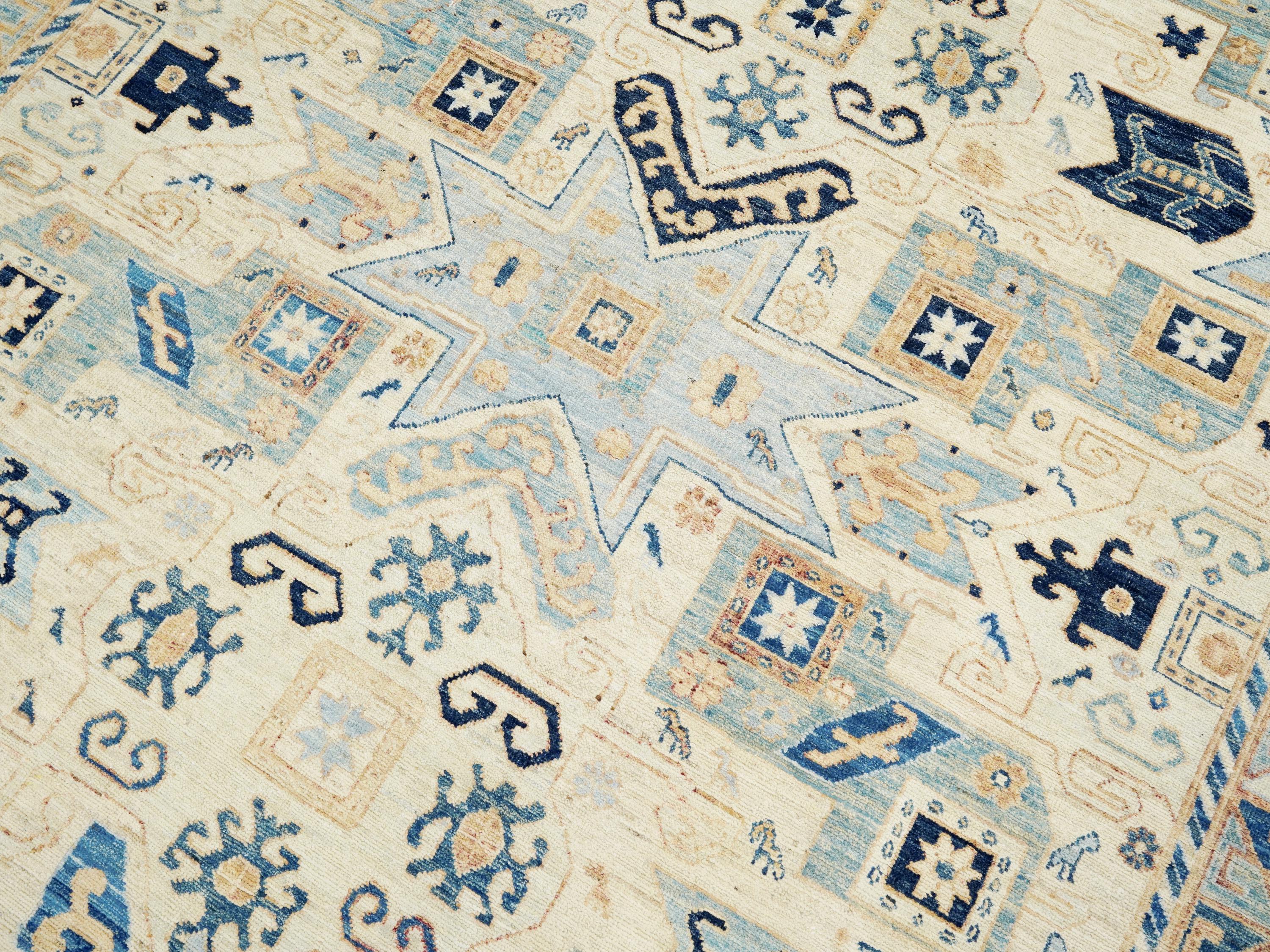 6x9 Ft Antique Heriz Rug - Beige & Blue Persian Rug