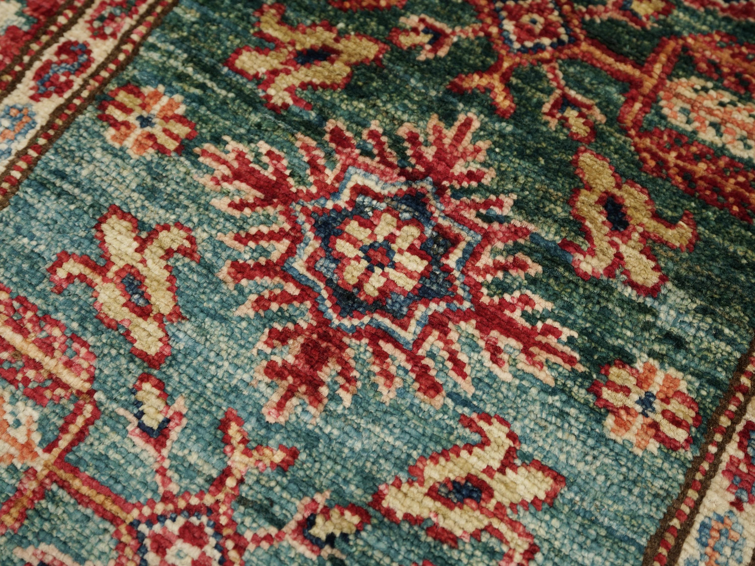 2x3 Ft Green Kazak Rug - Afghan Handmade Area Rug