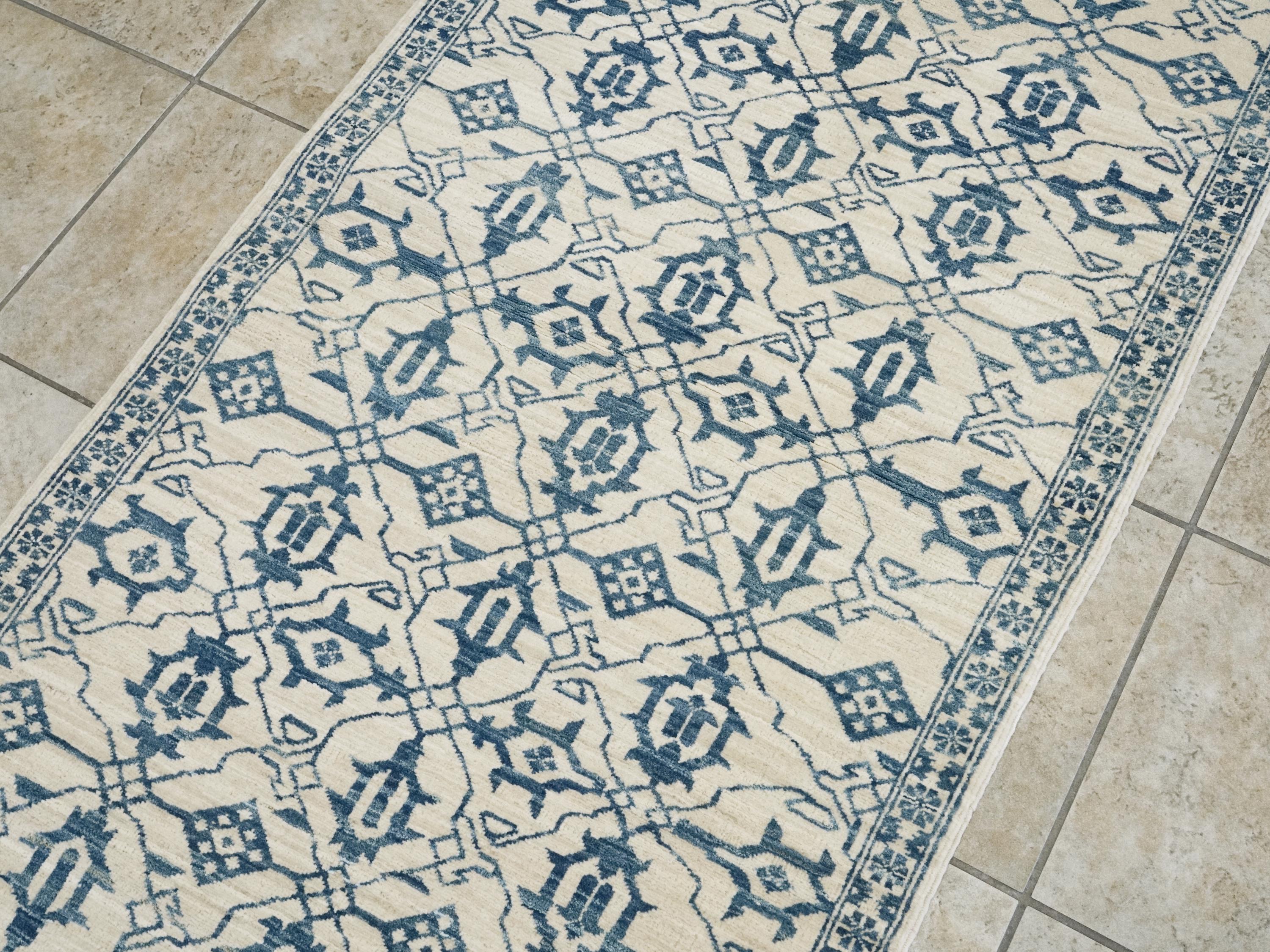 7 Ft Blue Heriz Rug Runner - Hand Knotted Wool Rug - Vintage Persian Style