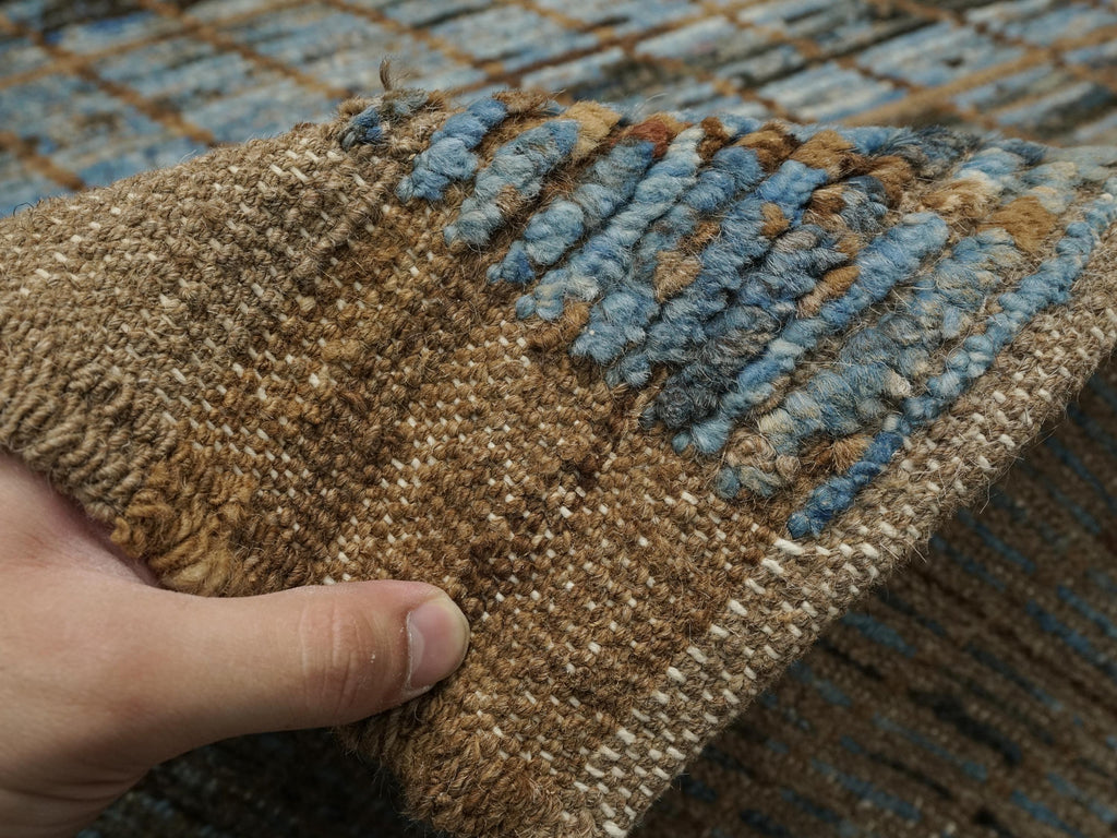 10 Ft Brown & Blue Moroccan Wool Runner Rug: Afghan Handmade Rug