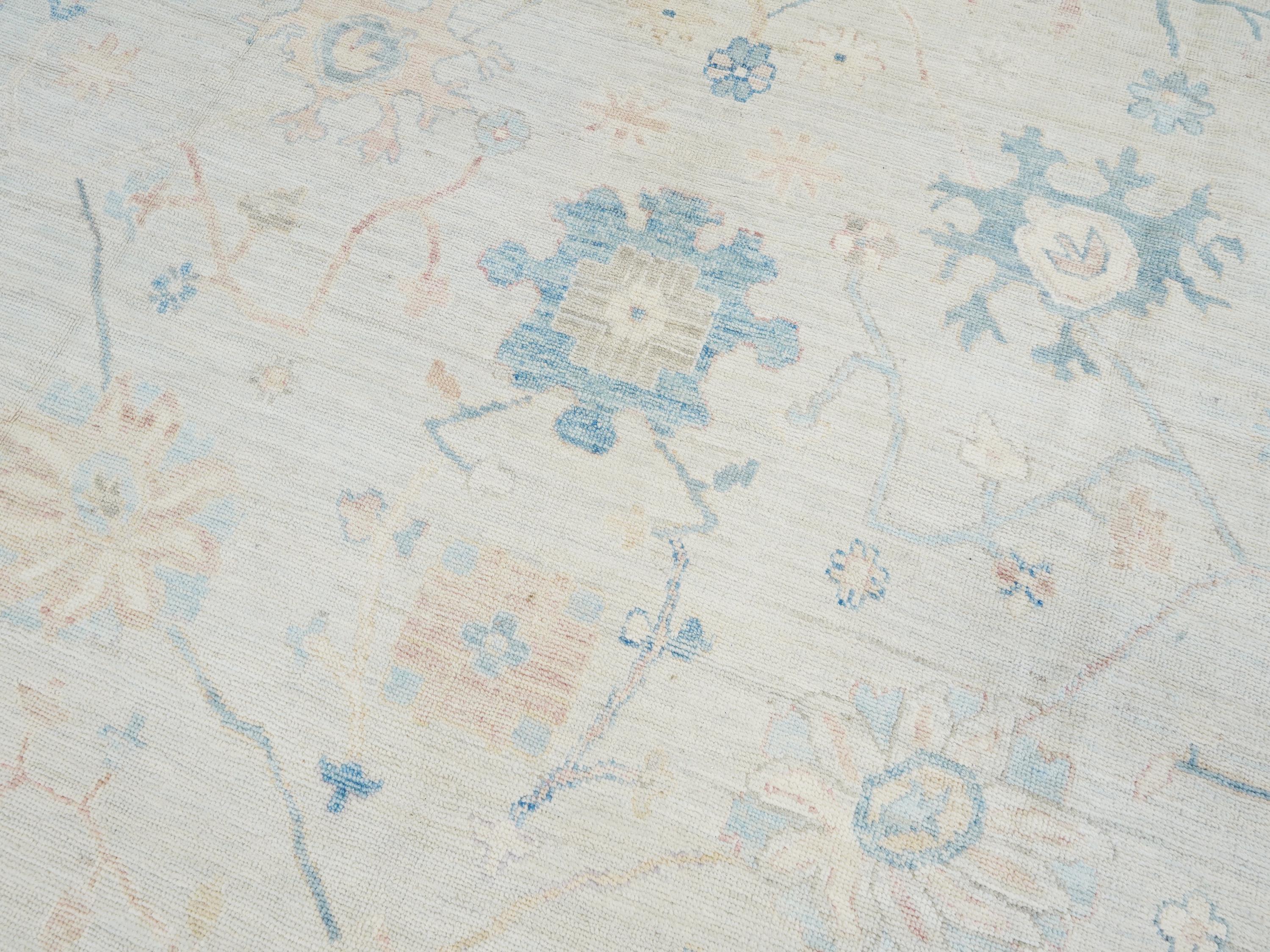 10x14 Ft Blue Oushak Rug - Hand Knotted Afghan Rug - Turkish Floral Design