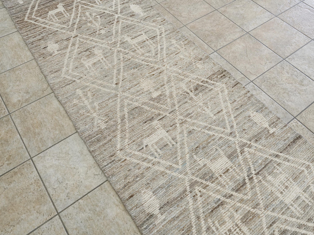 10 Ft Handmade Afghan Wool Runner Rug - Light Gray Moroccan Design