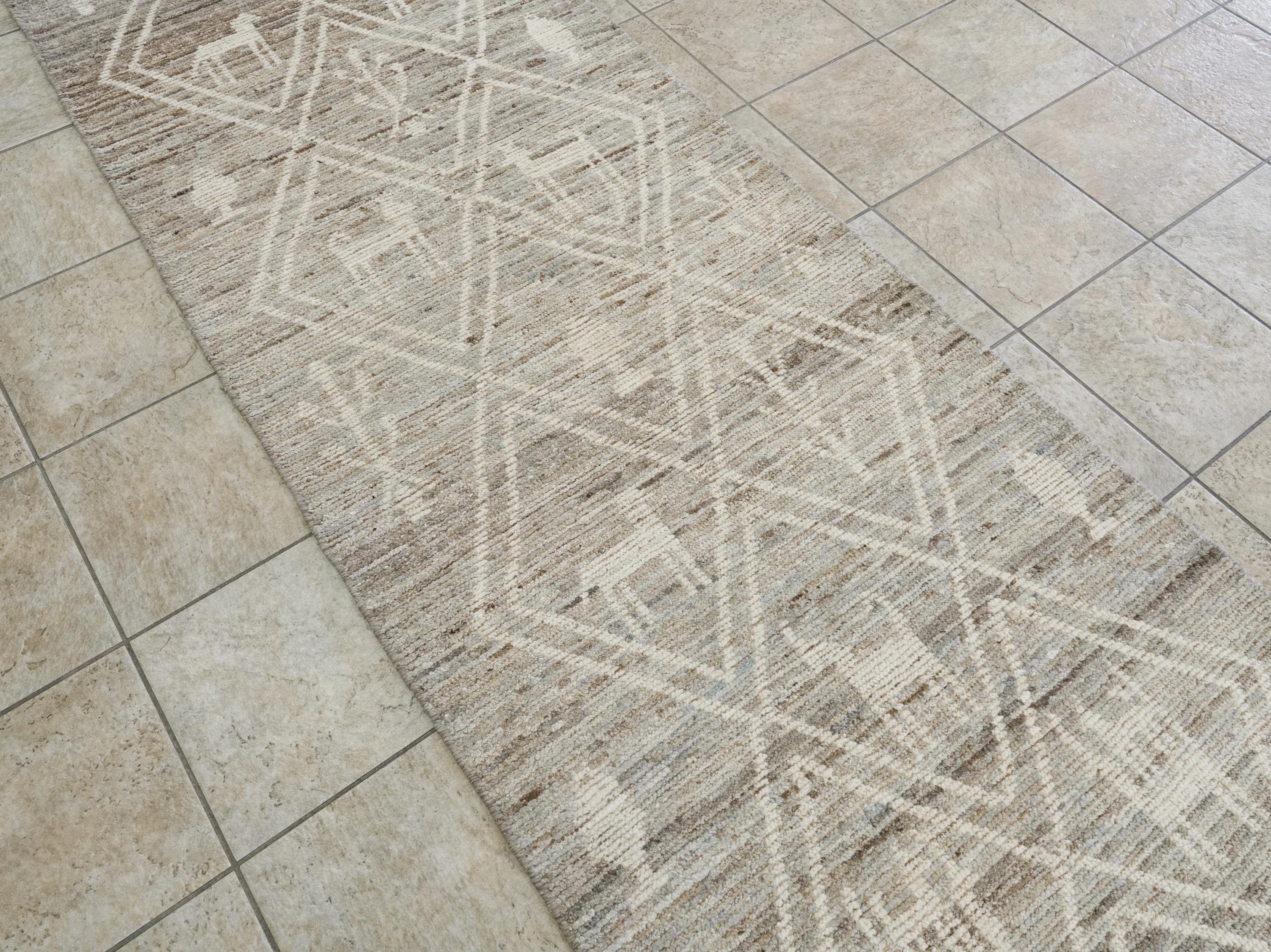 10 Ft Handmade Afghan Wool Runner Rug - Light Gray Moroccan Design