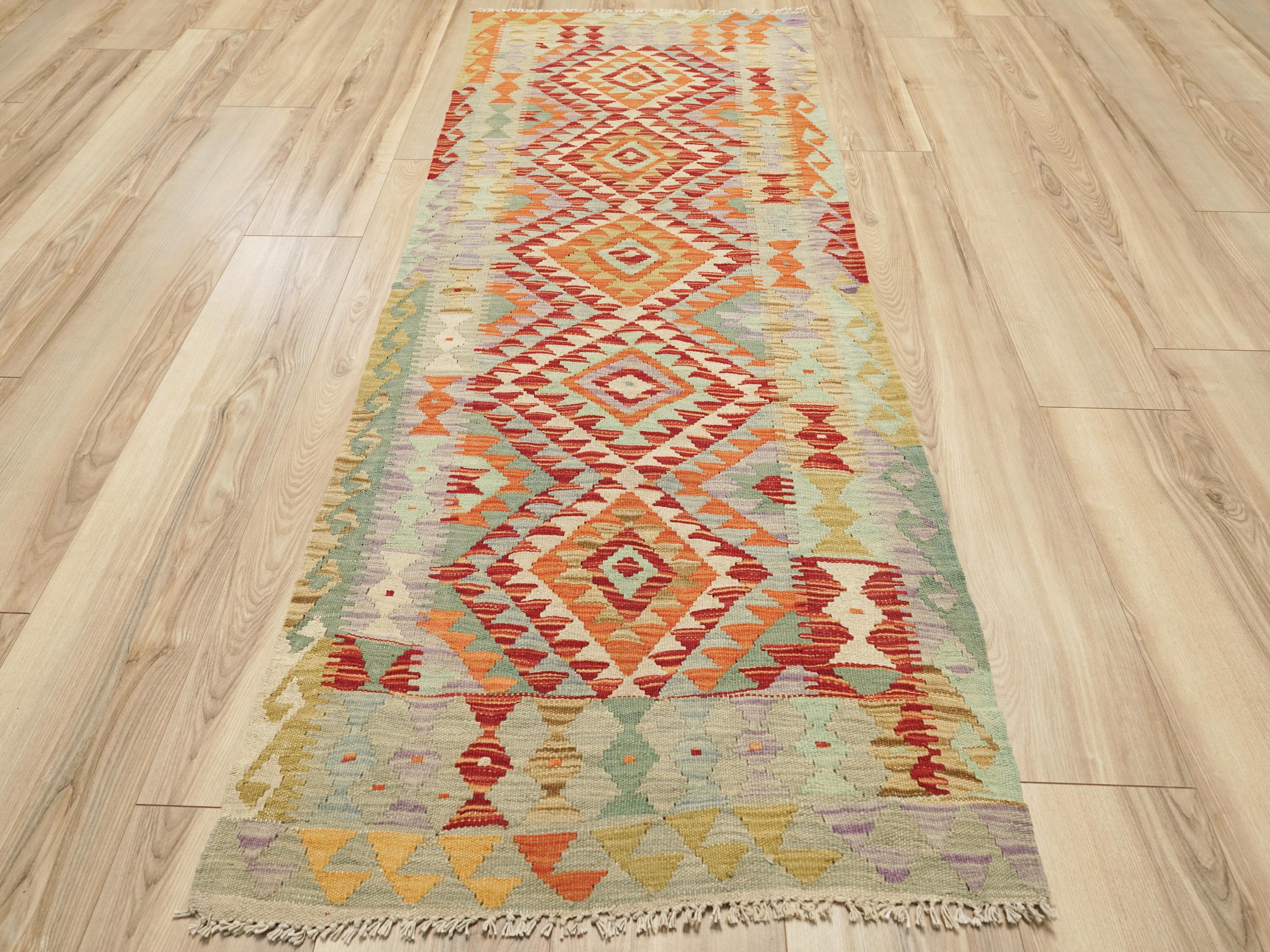 6 Ft Kilim Runner Rug - Green & Red Flatweave