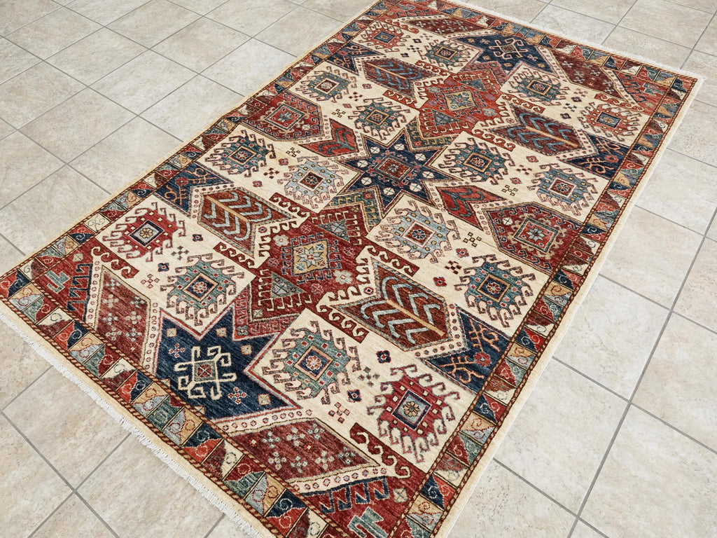 5x8 Ft Red & Beige Heriz Rug - Geometric Oriental Rug