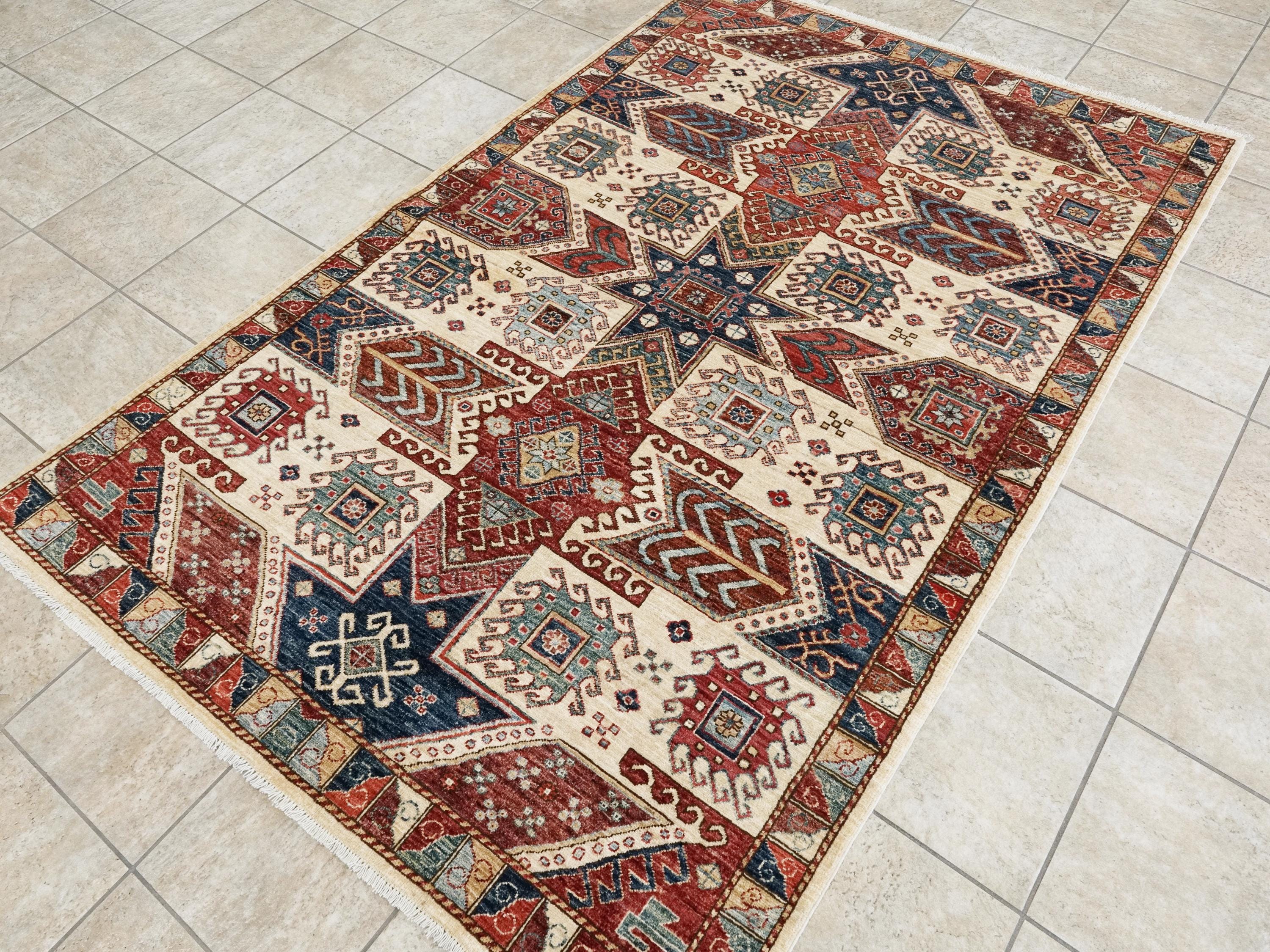 5x8 Ft Red & Beige Heriz Rug - Geometric Oriental Rug