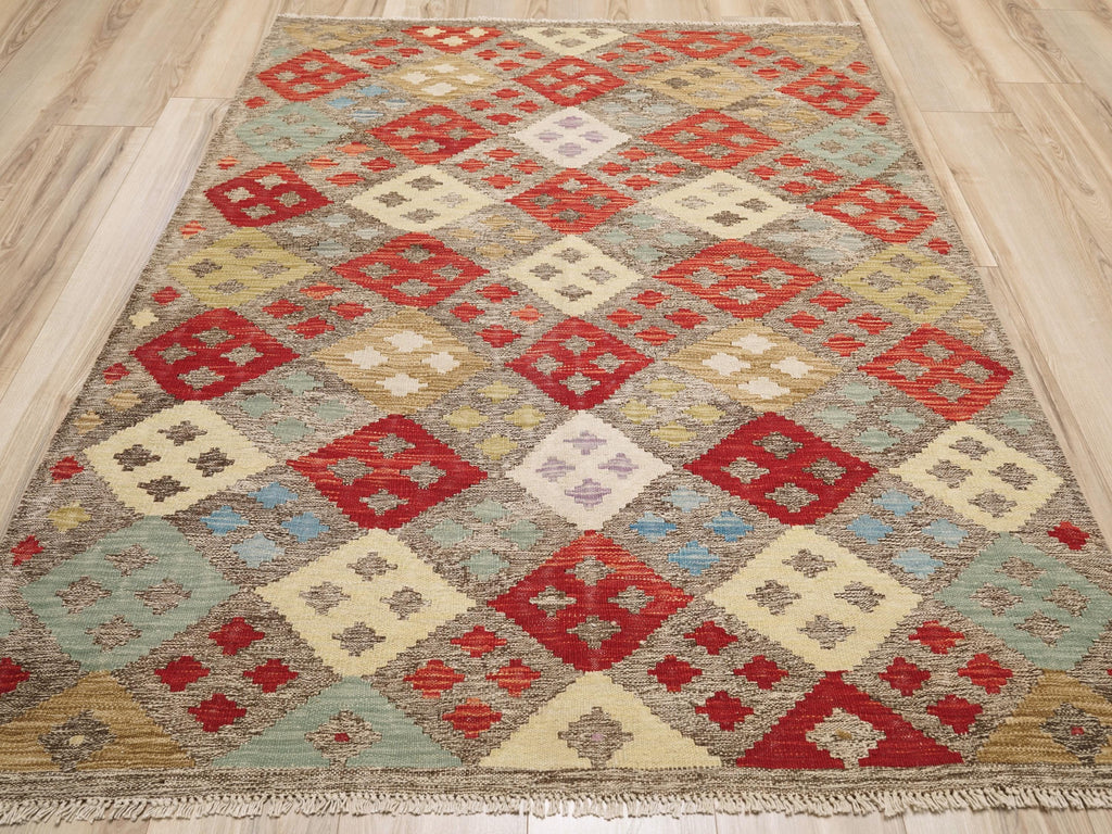 5x6 Ft Red Kilim Rug - Geometric Afghan Flat Weave