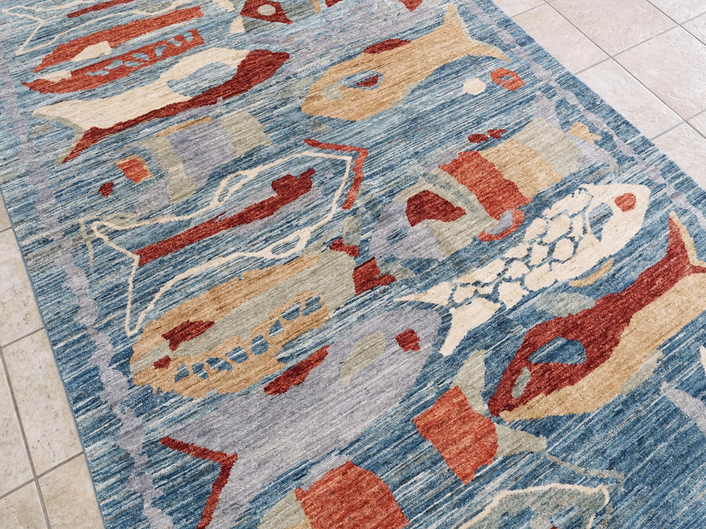 6x9 Ft Blue Fish Rug - Handmade Afghan Wool Rug
