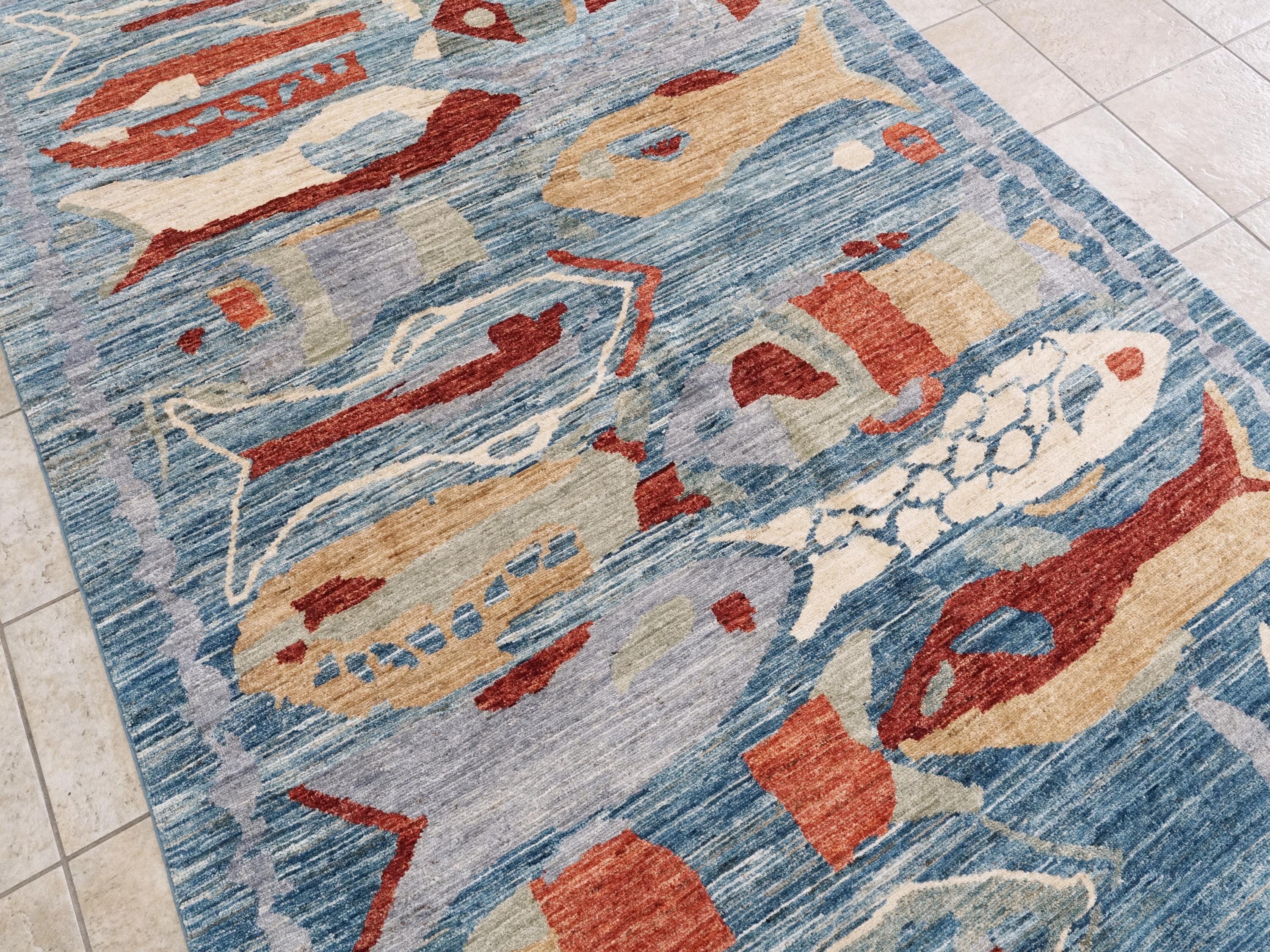 6x9 Ft Blue Fish Rug - Handmade Afghan Wool Rug