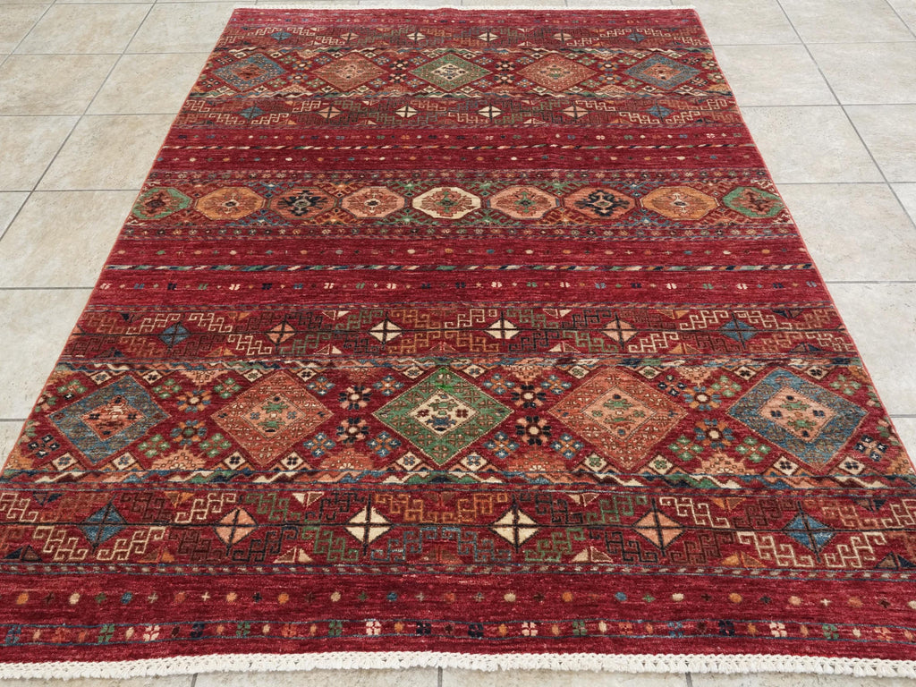 5x7 Ft Red Khorjin Rug - Hand Knotted Wool Tribal Rug
