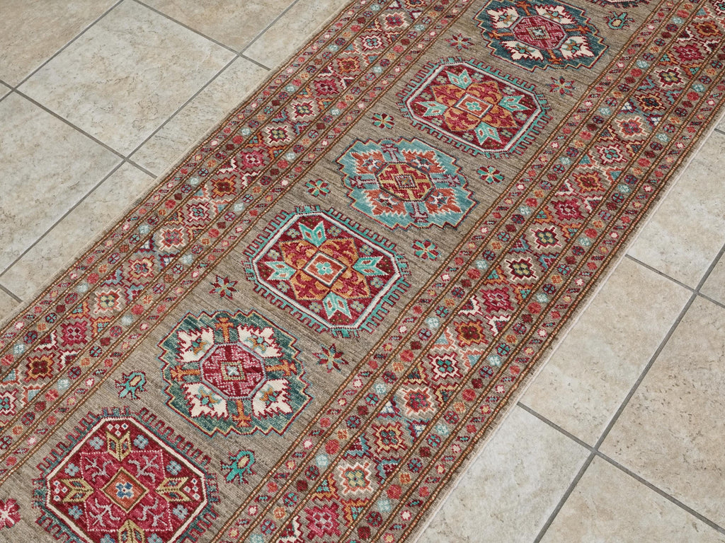 13 Ft Brown Kazak Runner Rug - Handmade Afghan Hallway Rug