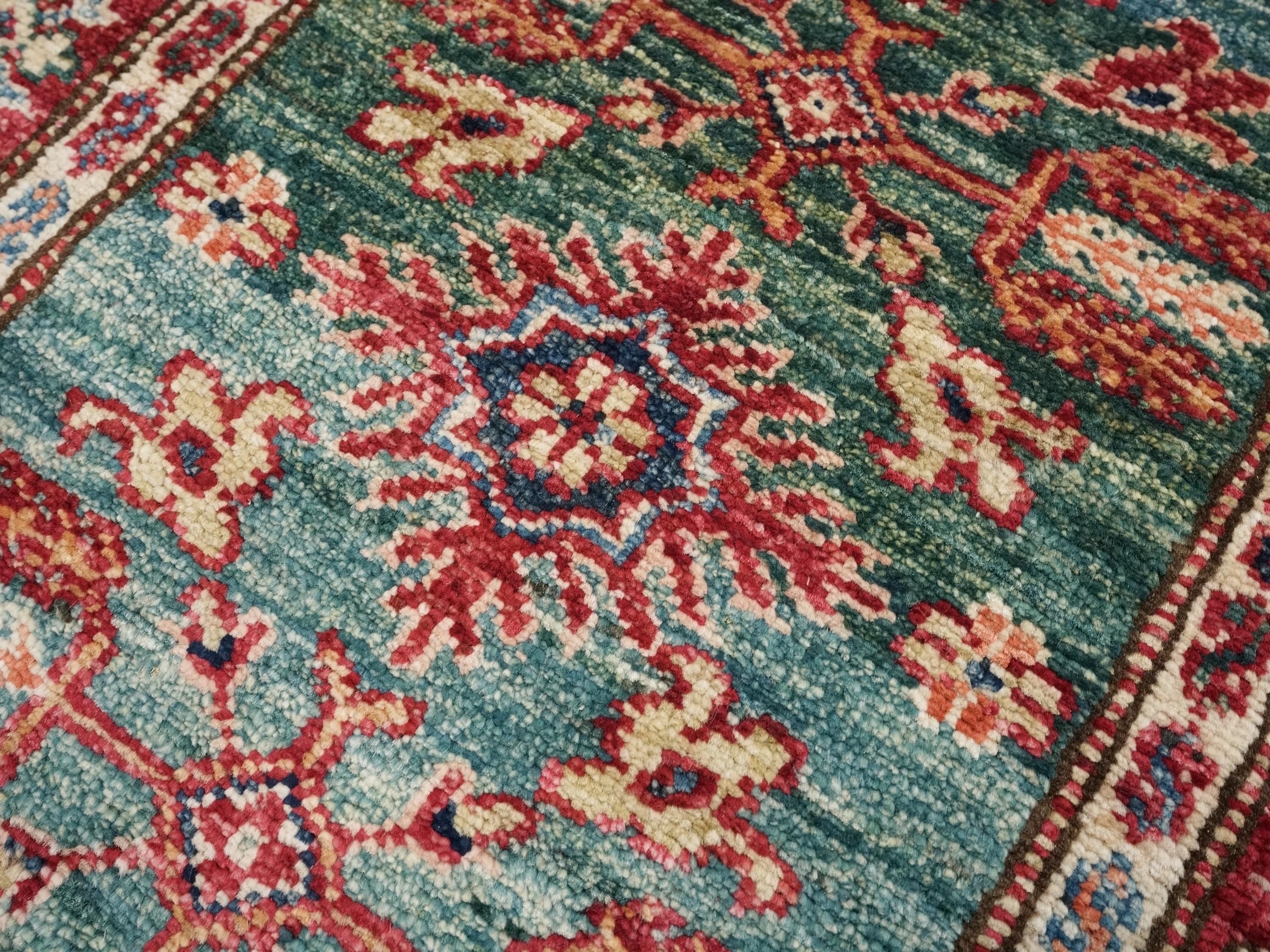 2x3 Ft Handmade Green Wool Kazak Rug - Afghan Oriental Accent Rug