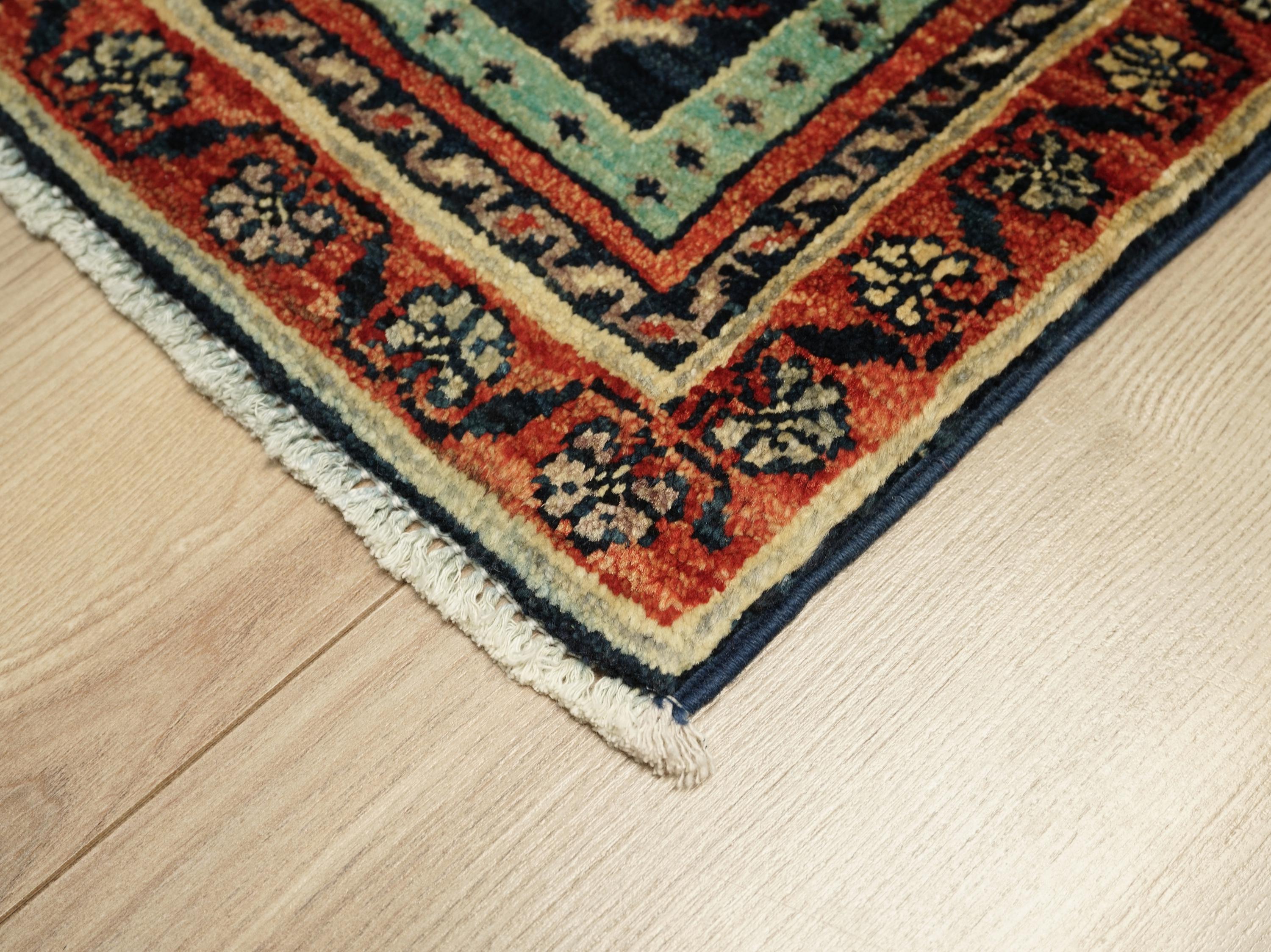 2x3 Ft Handmade Red & Green Heriz Rug - Wool Area Rug