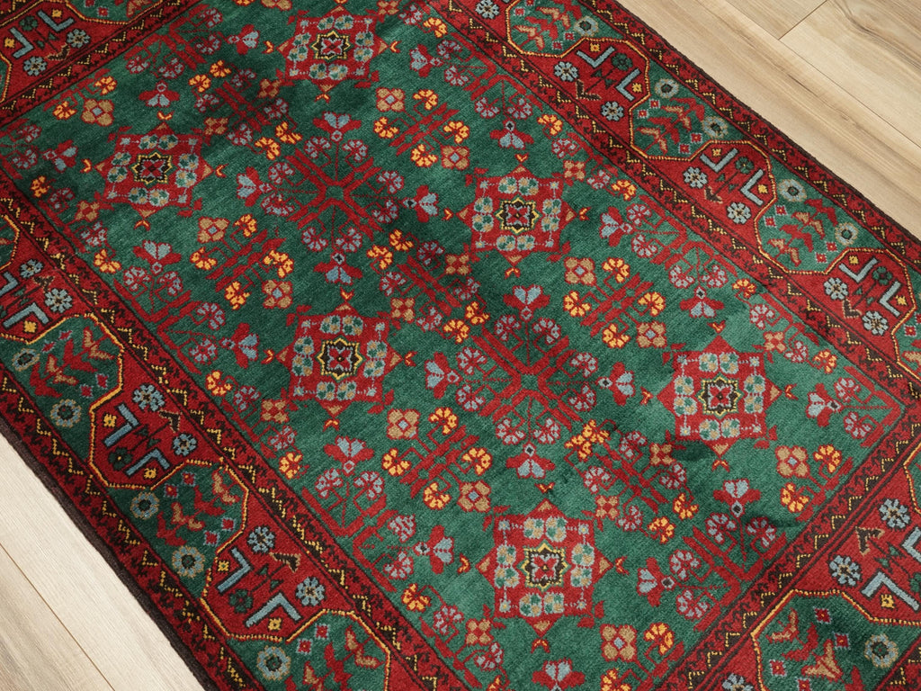 3x5 Ft Green & Red Ersari Rug - Afghan Wool Rug - Turkmen Design
