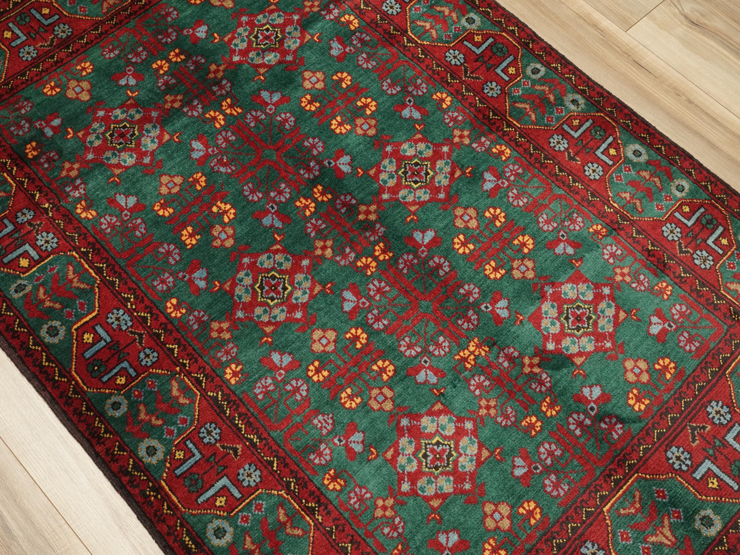 3x5 Ft Green & Red Ersari Rug - Afghan Wool Rug - Turkmen Design