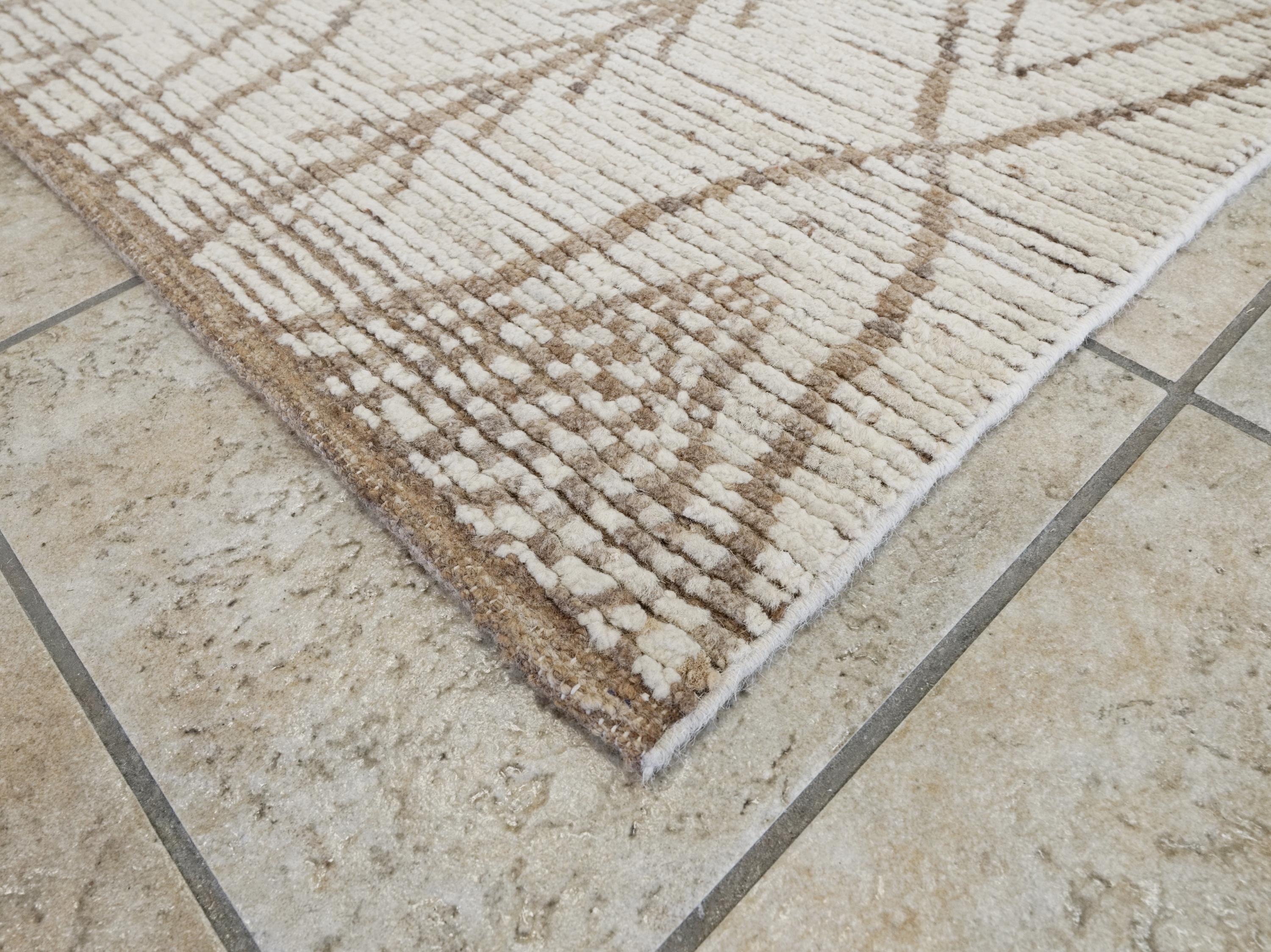 10 Ft Handmade Afghan Wool Runner Rug - Beige Moroccan Style