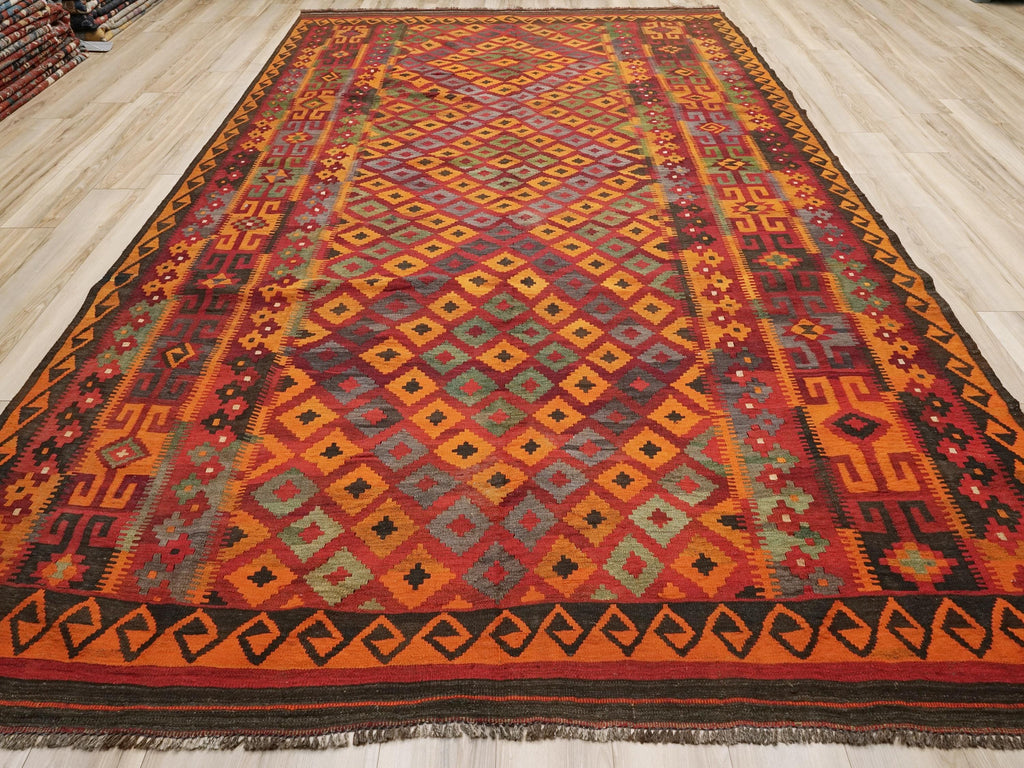 9x14 Ft Red Maimana Kilim Rug - Vintage Afghan Tribal Rug