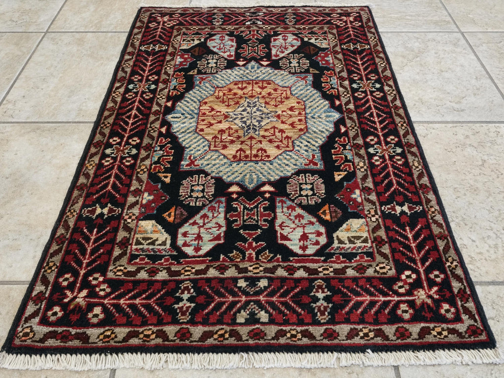 2x3 Ft Hand Knotted Mamluk Rug - Black & Red Oriental Accent Rug