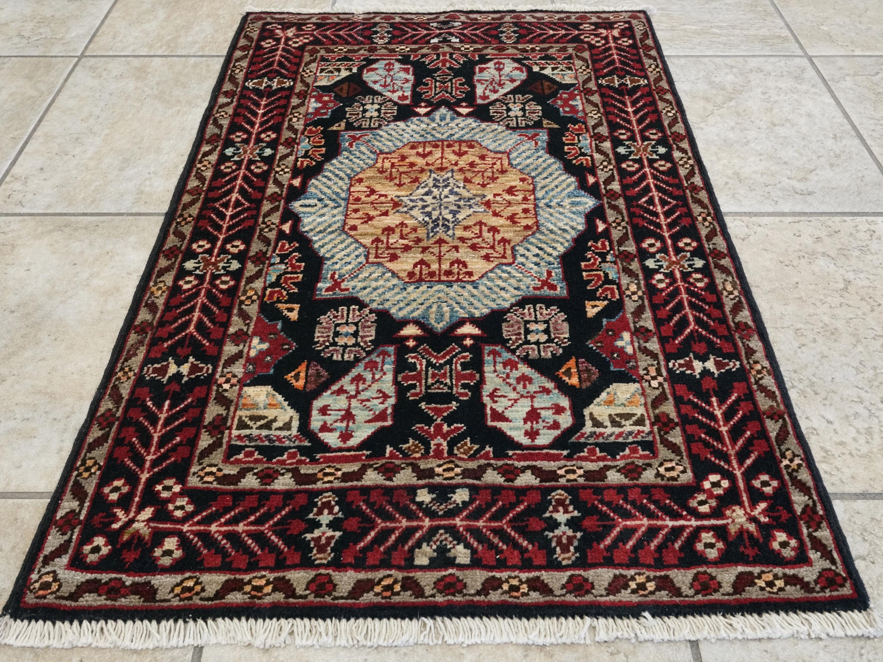 2x3 Ft Hand Knotted Mamluk Rug - Black & Red Oriental Accent Rug