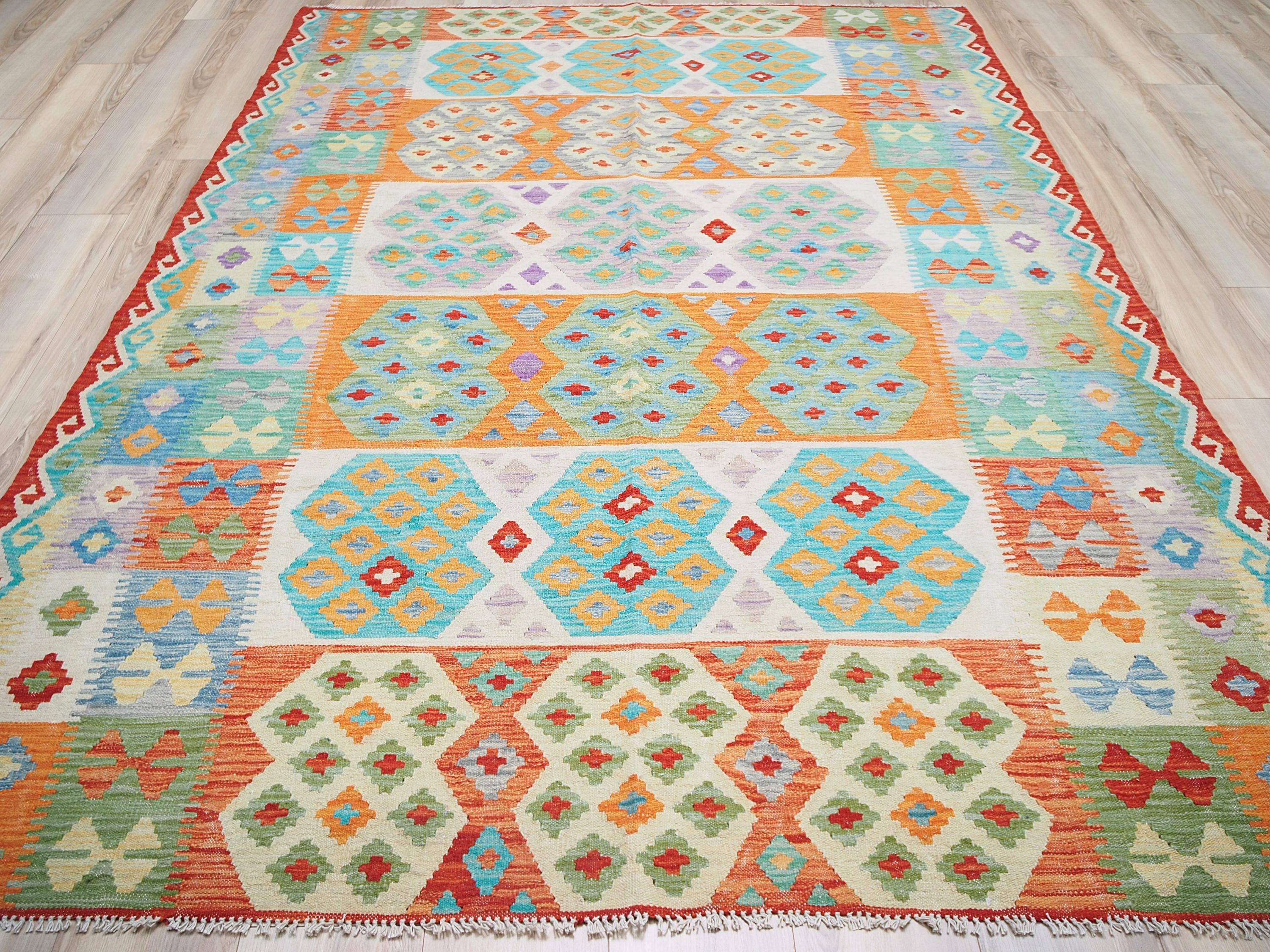 7x10 Ft Orange & Green Kilim Rug - Afghan Tribal Flat Weave