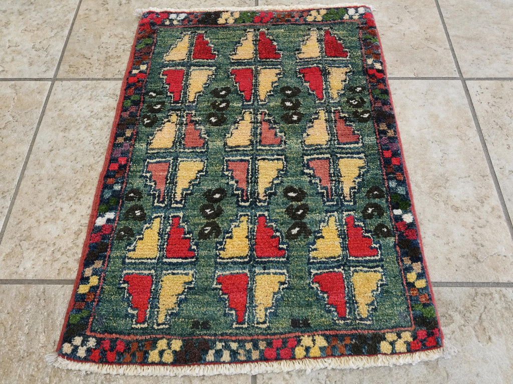 1x2 Ft Hand Knotted Dark Green Serapi Rug - Ghazni Wool Accent Rug
