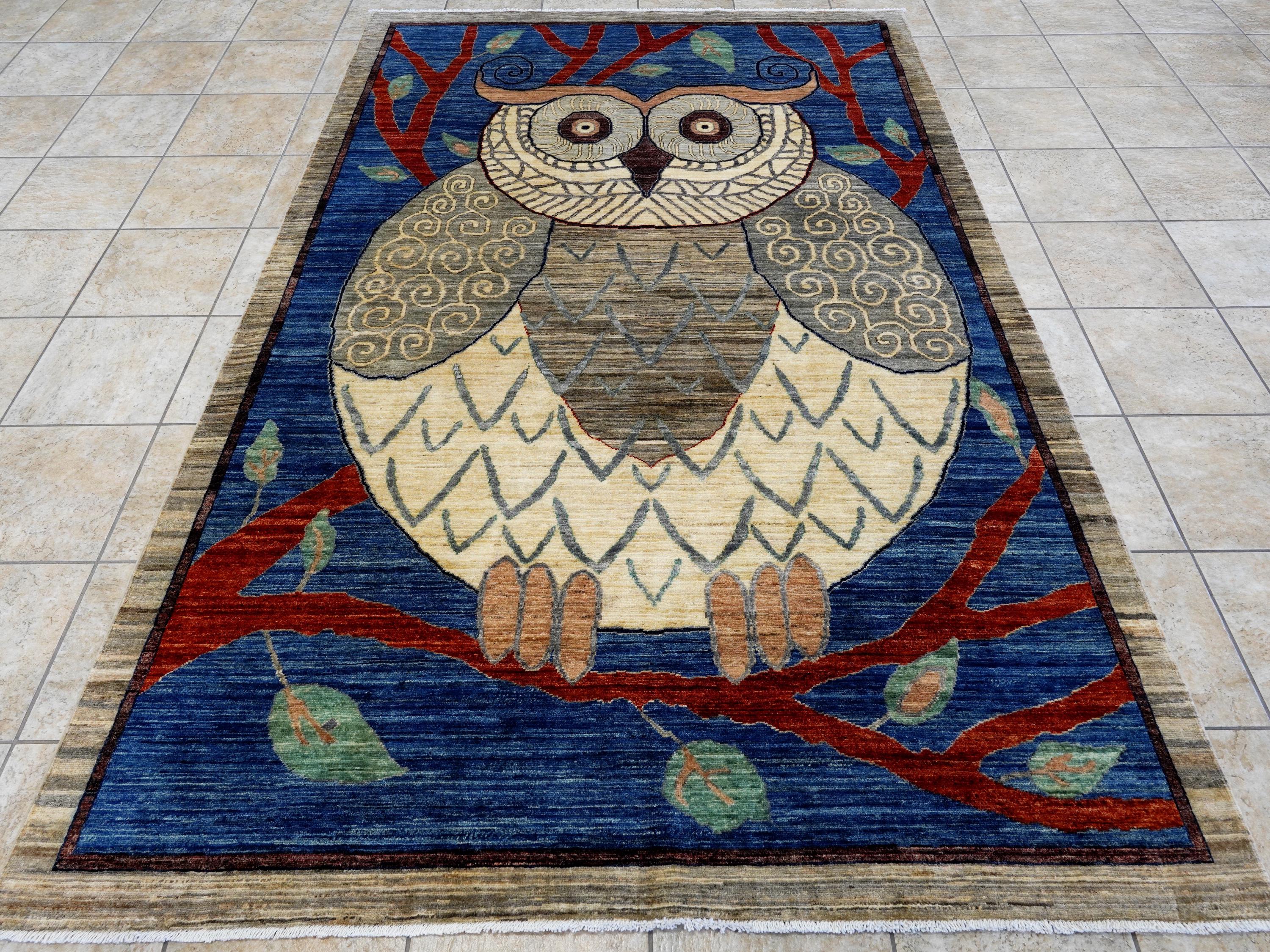 6x9 Ft Owl Rug - Hand Knotted Wool Gabbeh Rug - Animal Design