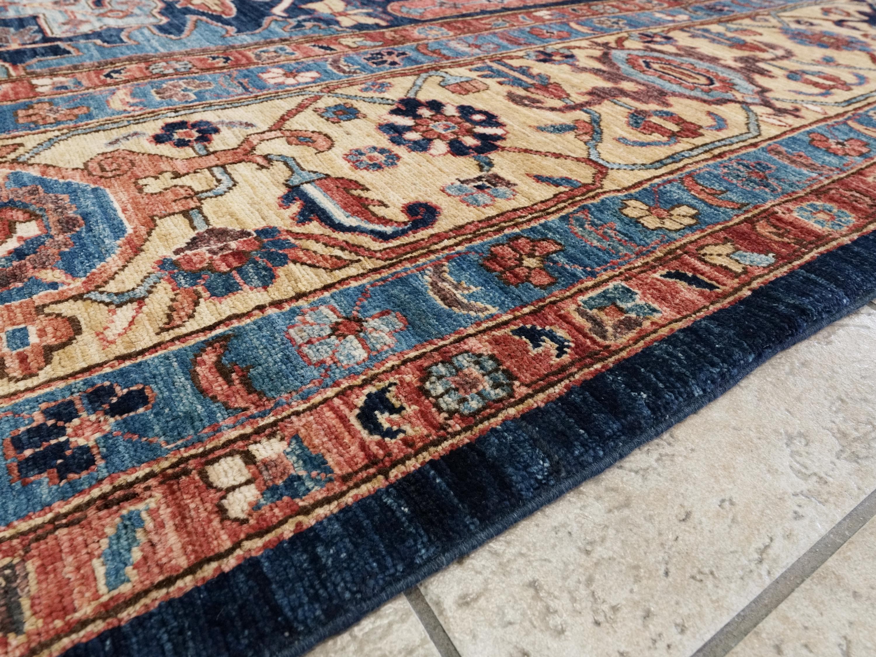 12x15 Ft Hand Knotted Afghan Heriz Rug - Blue & Red Wool Rug