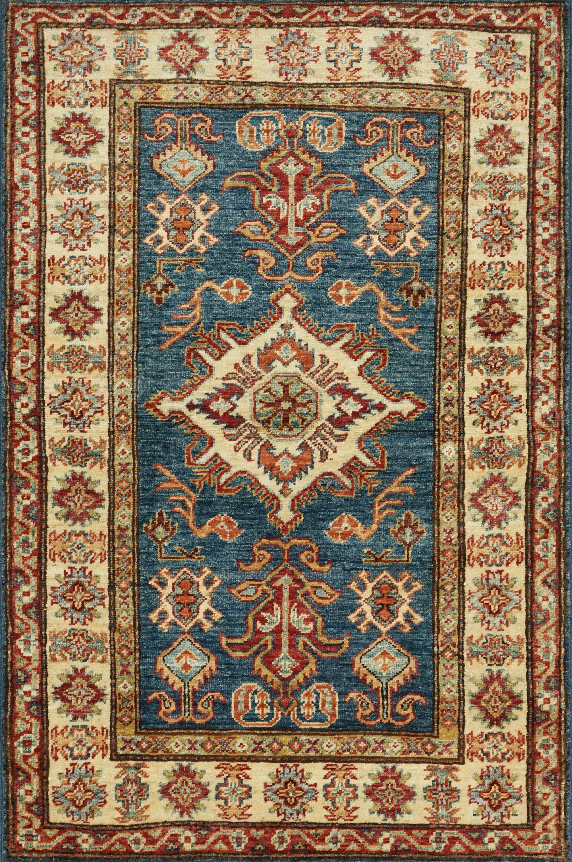 3x4 Ft Blue Kazak Rug - Afghan Handmade Area Rug