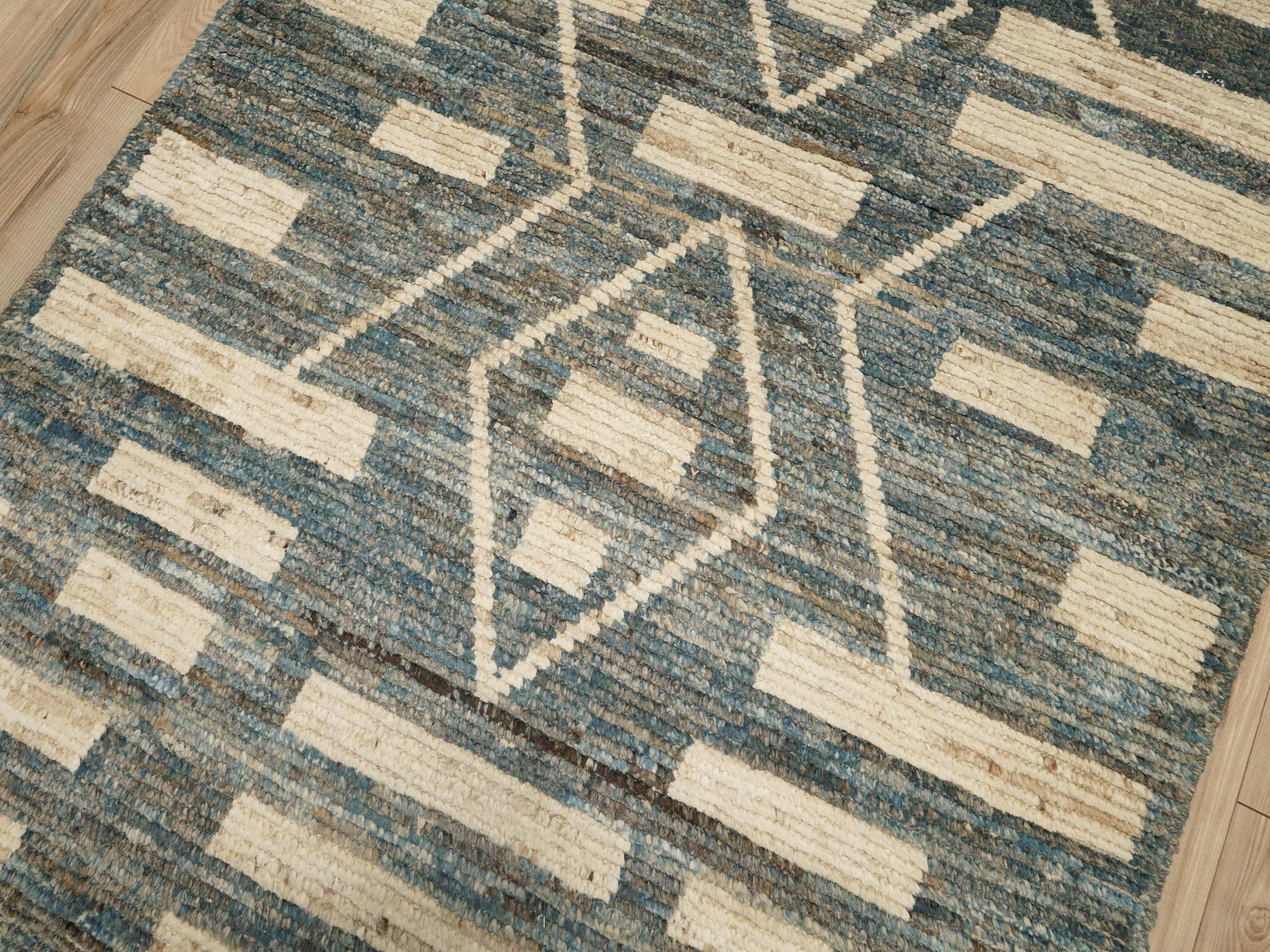 13 Ft Blue Moroccan Runner Rug - Hand Knotted Afghan Rug